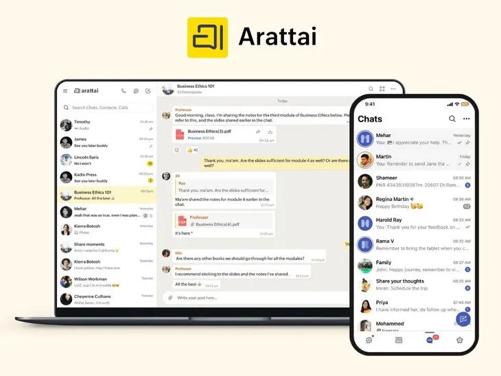 Arattai's yellow logo above a laptop and a phone showing the app's chat lists and a class group chat sharing PDF notes