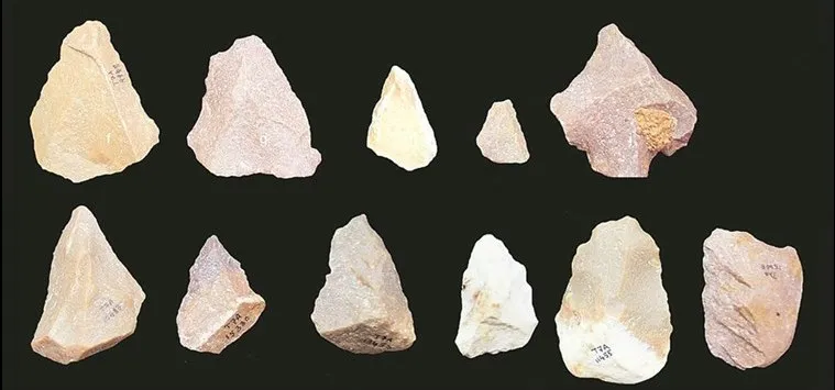 A row of shaped stone tools from Attirampakkam laid out on a surface