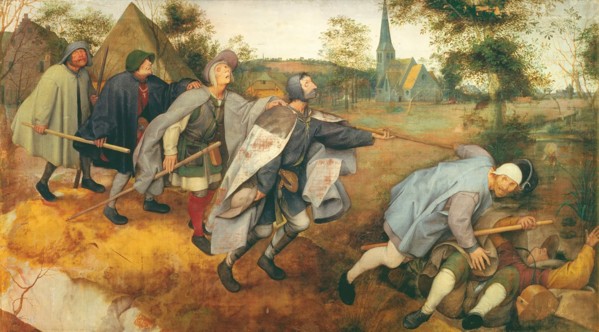 Six blind men in a line along a path beside a ditch, each holding on to the man in front