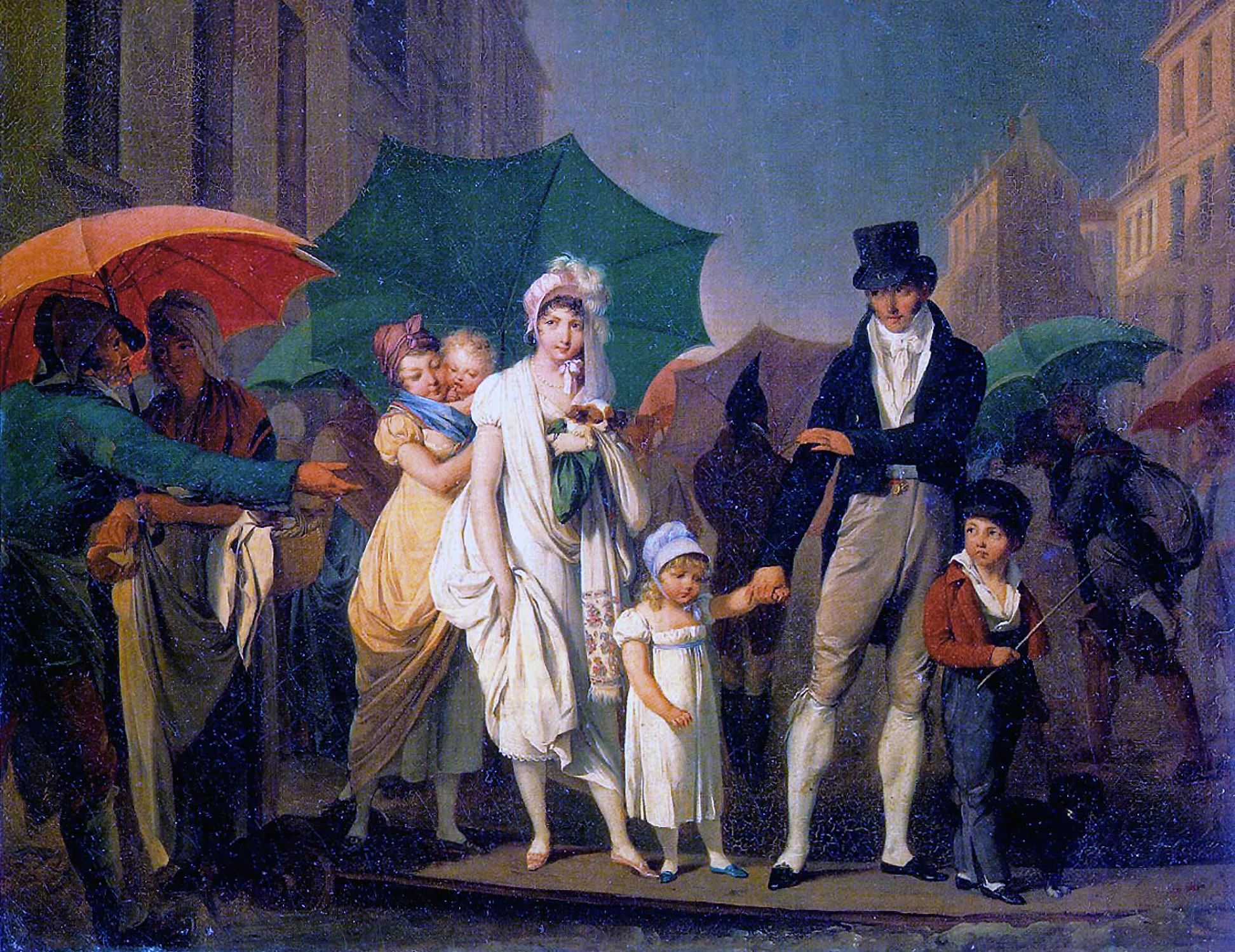 A painting of a Paris street after rain: a crowd waits at the edge of a muddy, flooded gutter while a man charges people to cross on a wooden plank