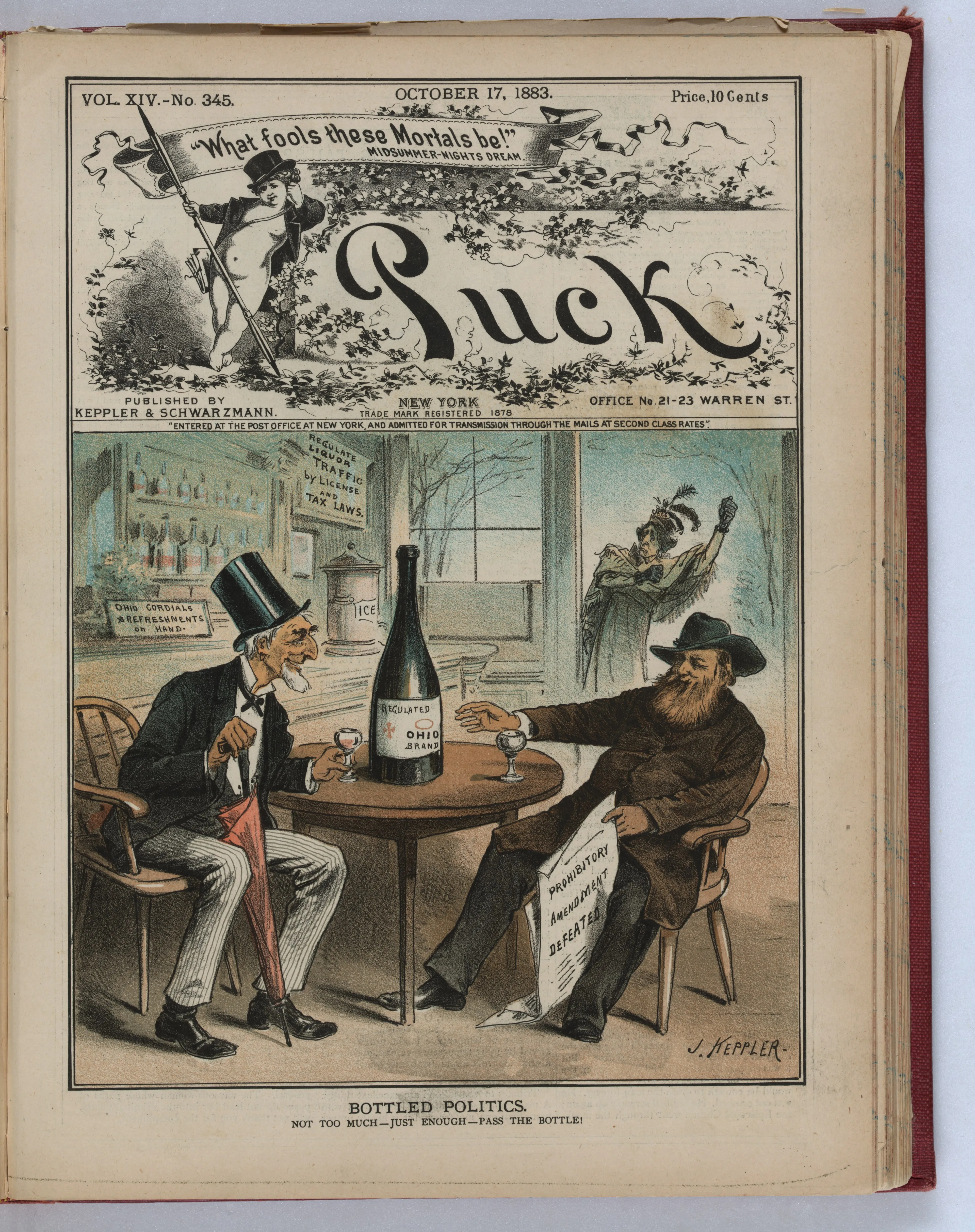 Colour cartoon of two old men at a saloon table with a bottle, the wall behind covered in labels about liquor laws