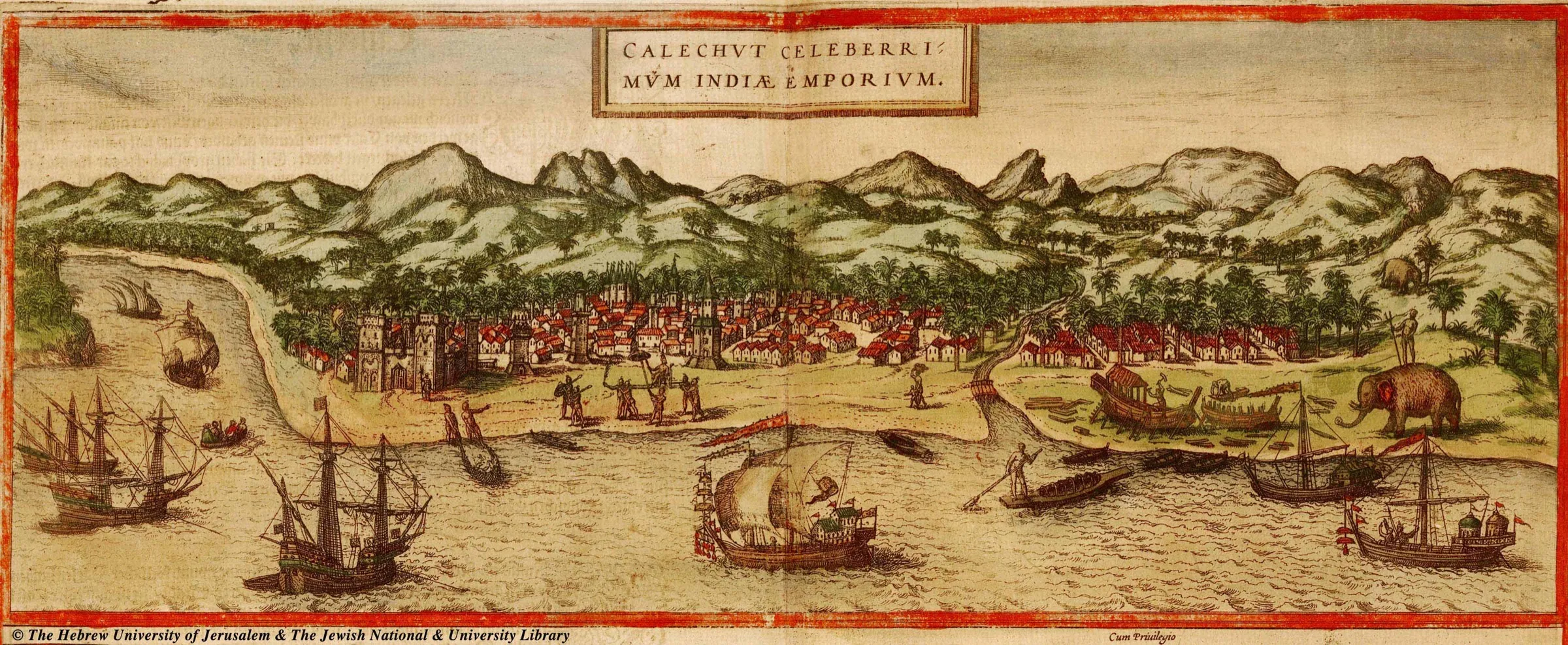 A bird's-eye engraving of a walled coastal city with houses, temples and ships in the harbour, with a Latin title cartouche