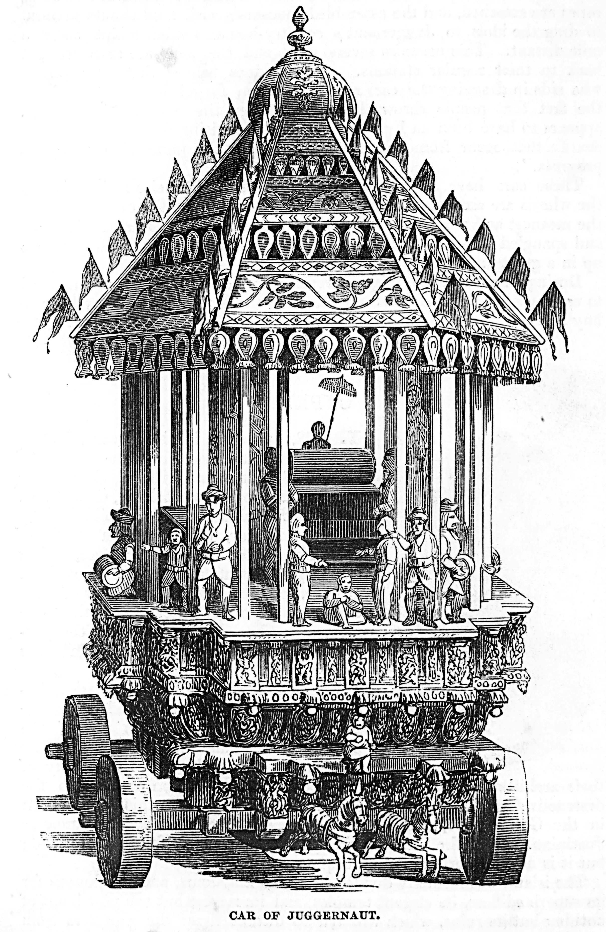 An engraving of the temple car at Puri in procession
