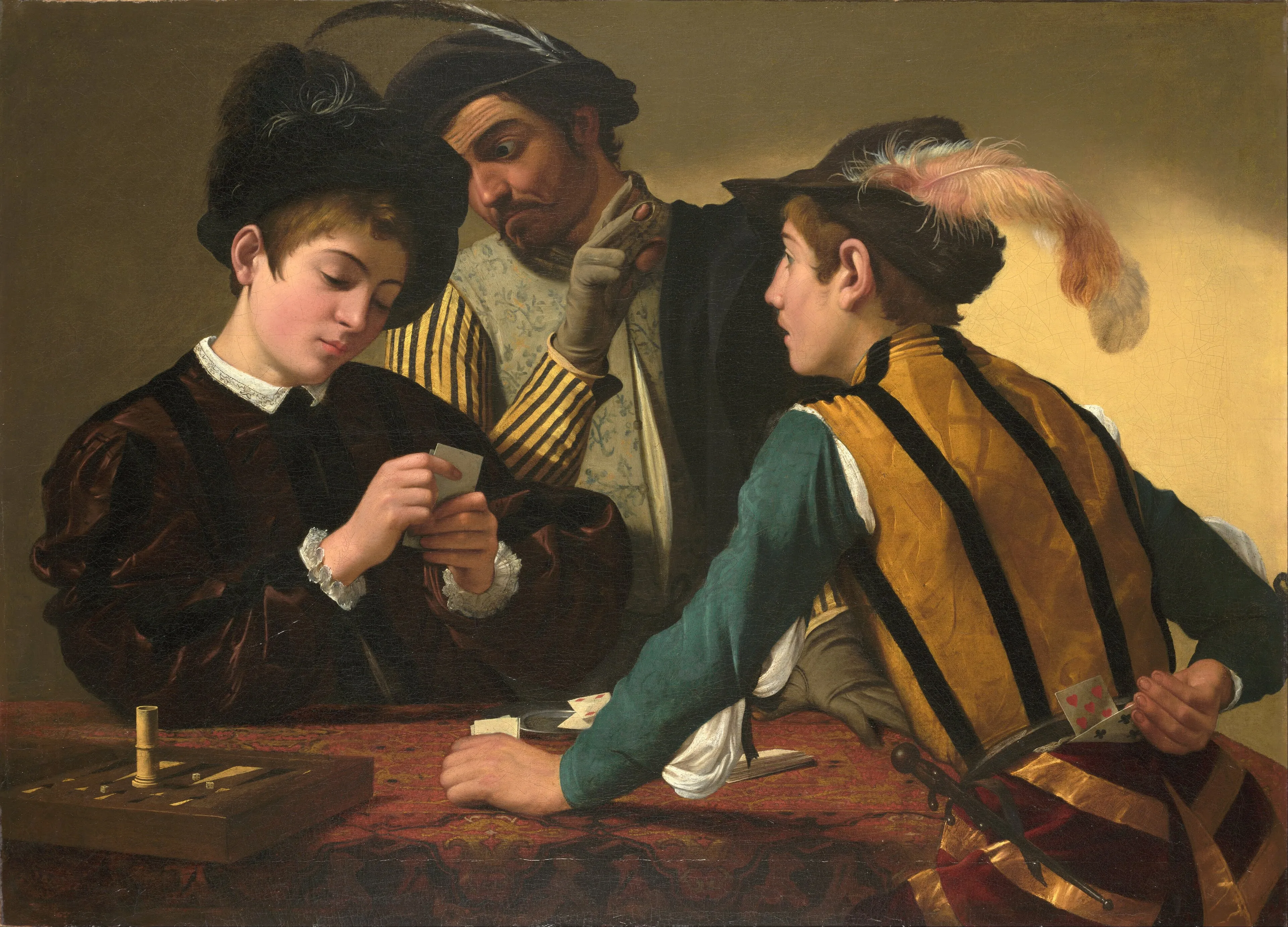 Caravaggio's painting of a card game: a naive young man studies his cards while an older man behind him reads them and signals to a young accomplice, who reaches for a hidden card