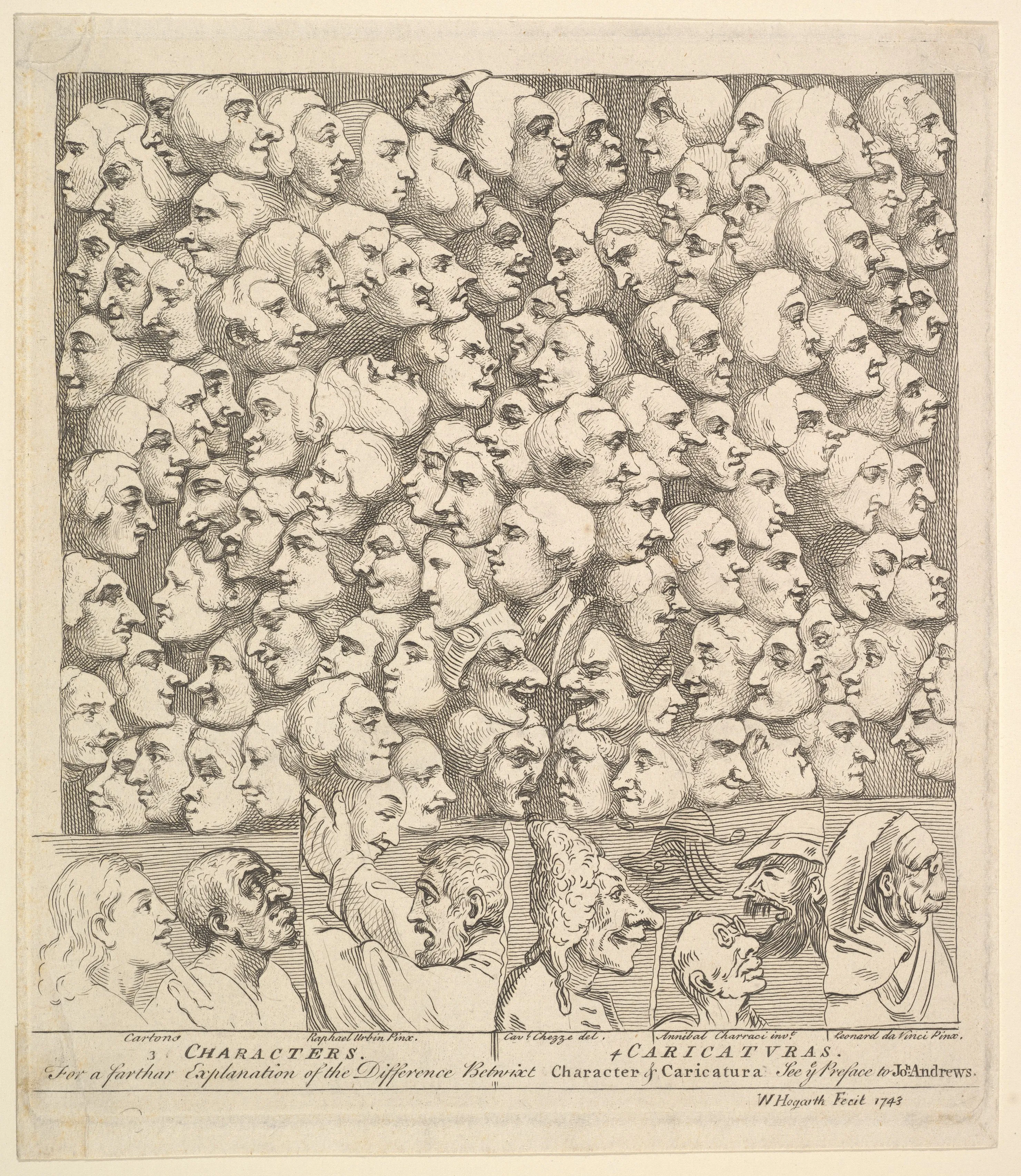 An etched sheet crowded with heads, some drawn as characters and some as caricatures
