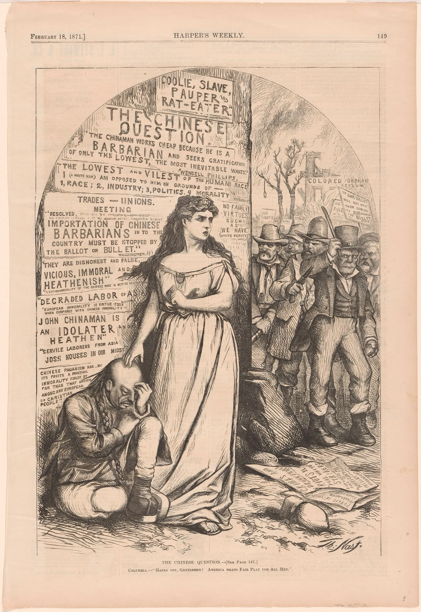 A woman in classical dress, Columbia, stands between a seated Chinese man and a crowd of armed men