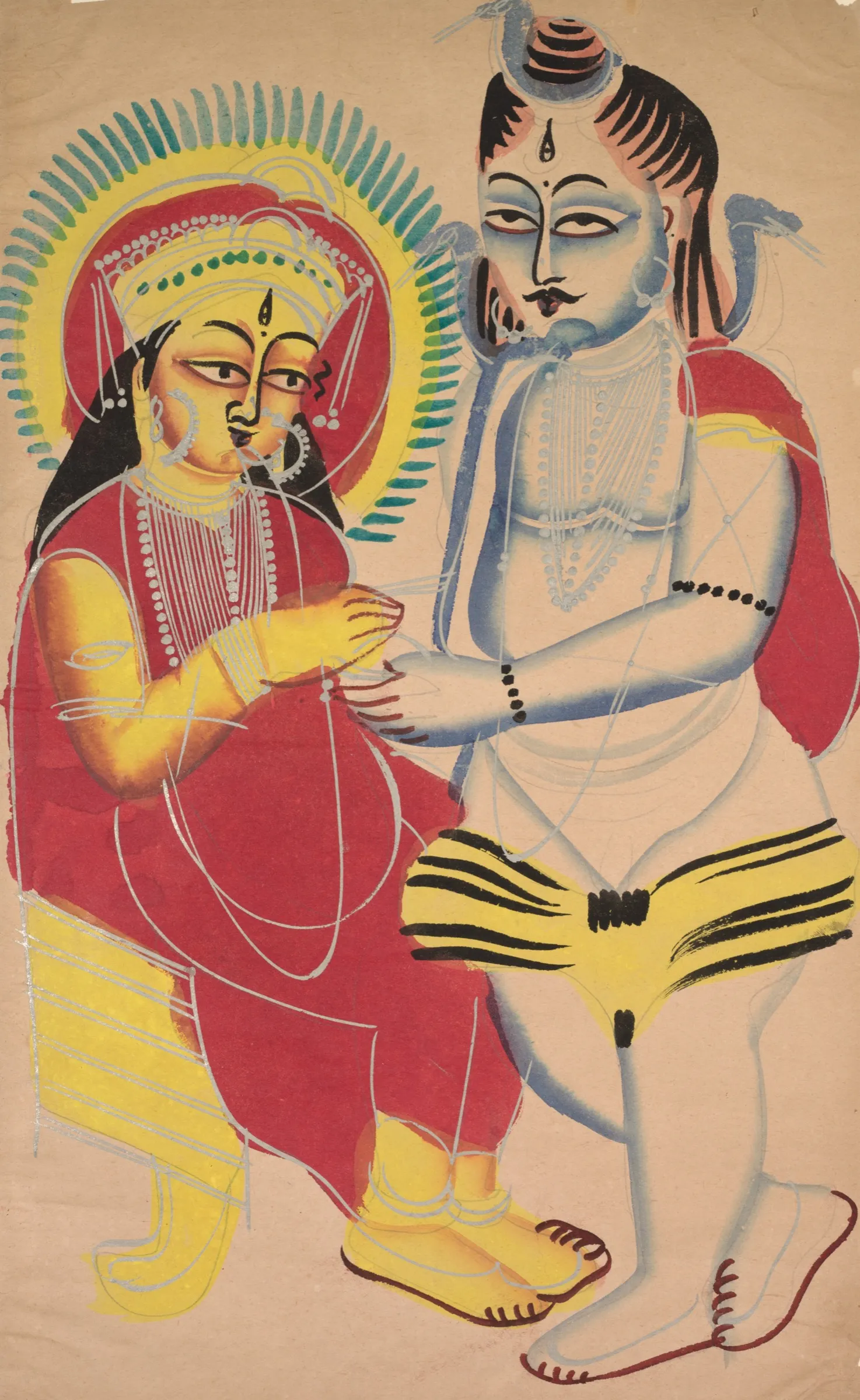 A Kalighat painting of the goddess Annapurna, seated and crowned, ladling food into a bowl held out by Shiva, who stands before her