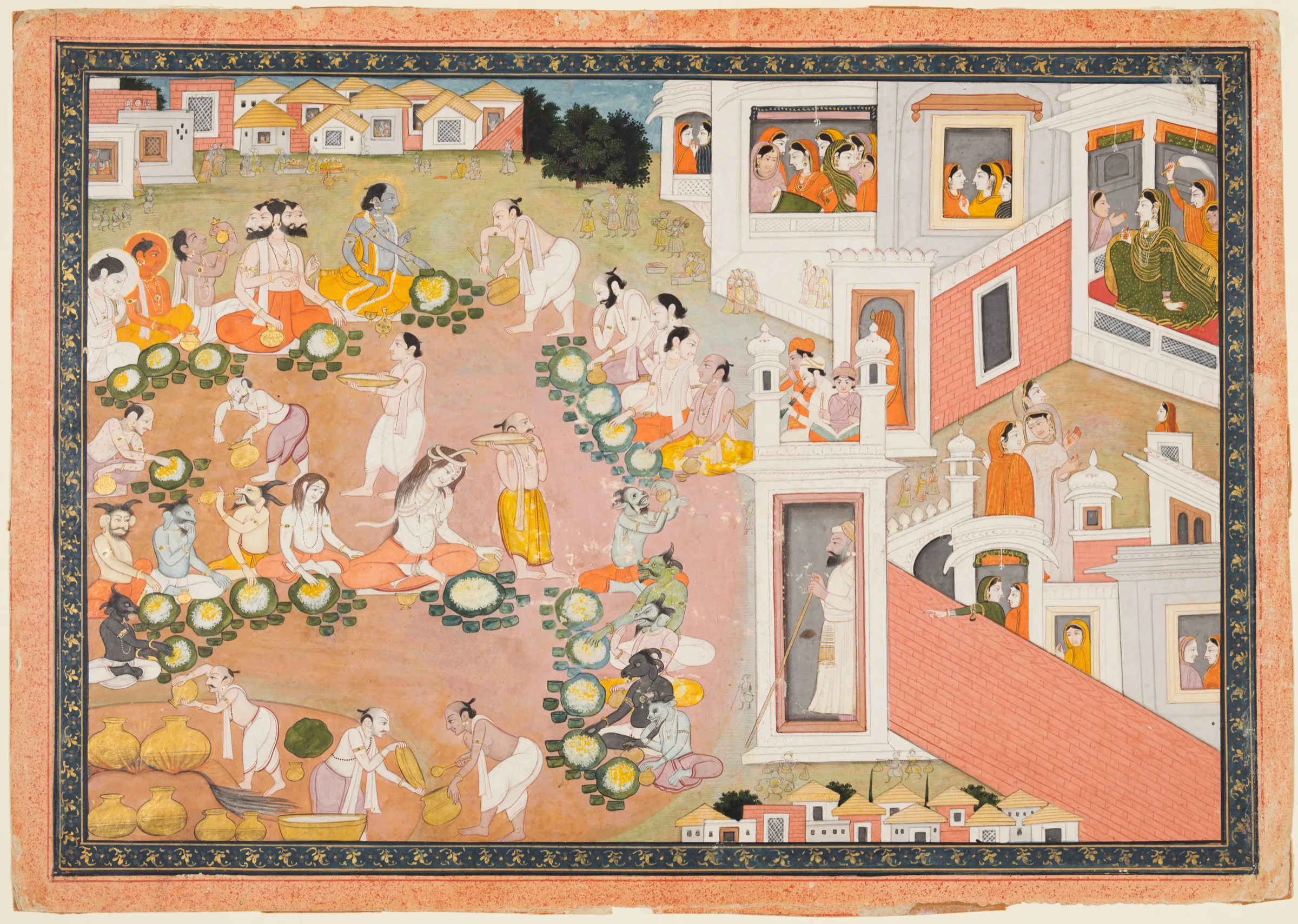 A Pahari miniature painting of gods seated in rows on the ground eating from leaf plates, while attendants serve them from vessels