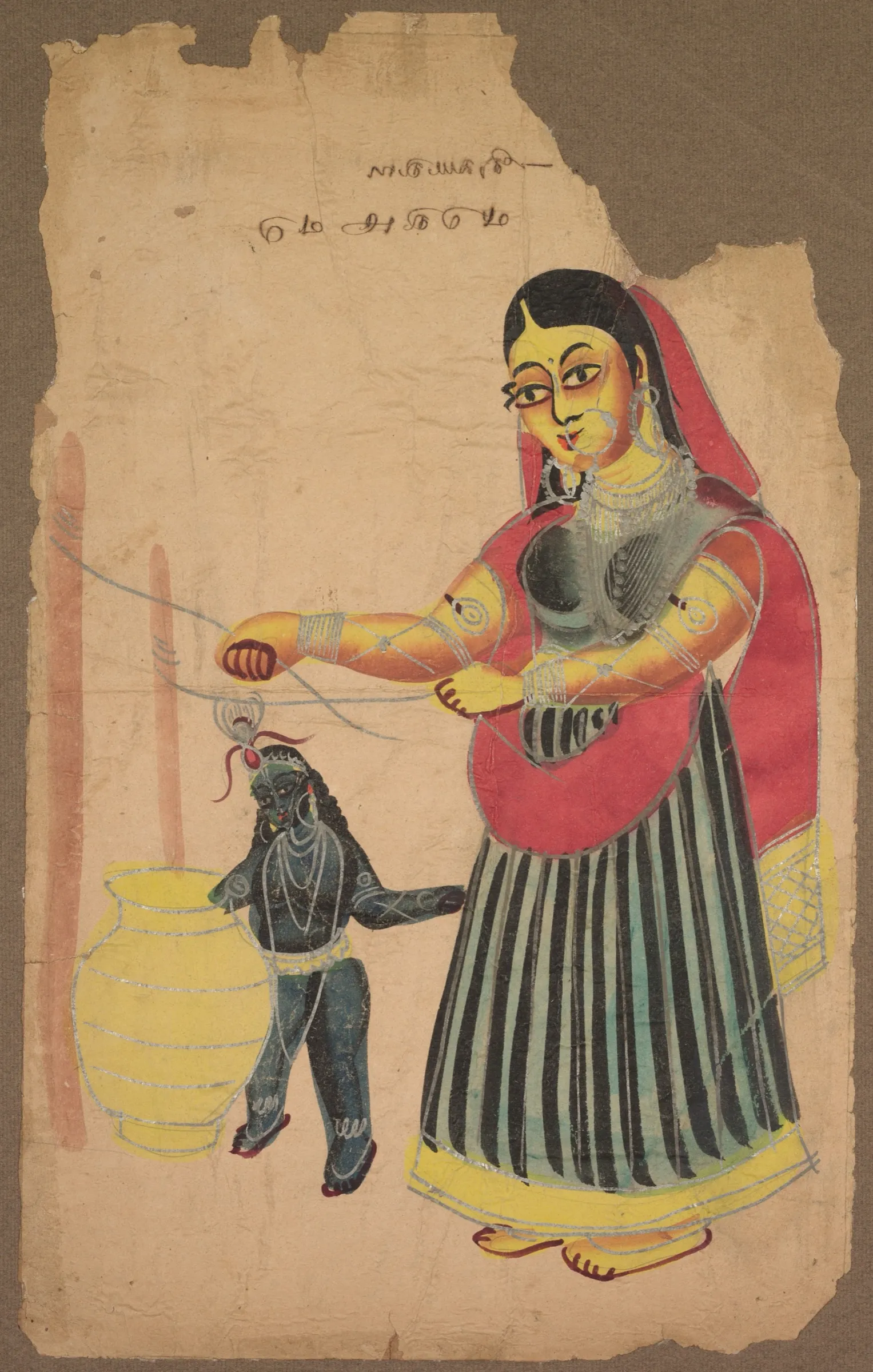 A Kalighat painting of Yashoda seated at a large pot, churning milk with a churning stick, while the child Krishna reaches into the pot