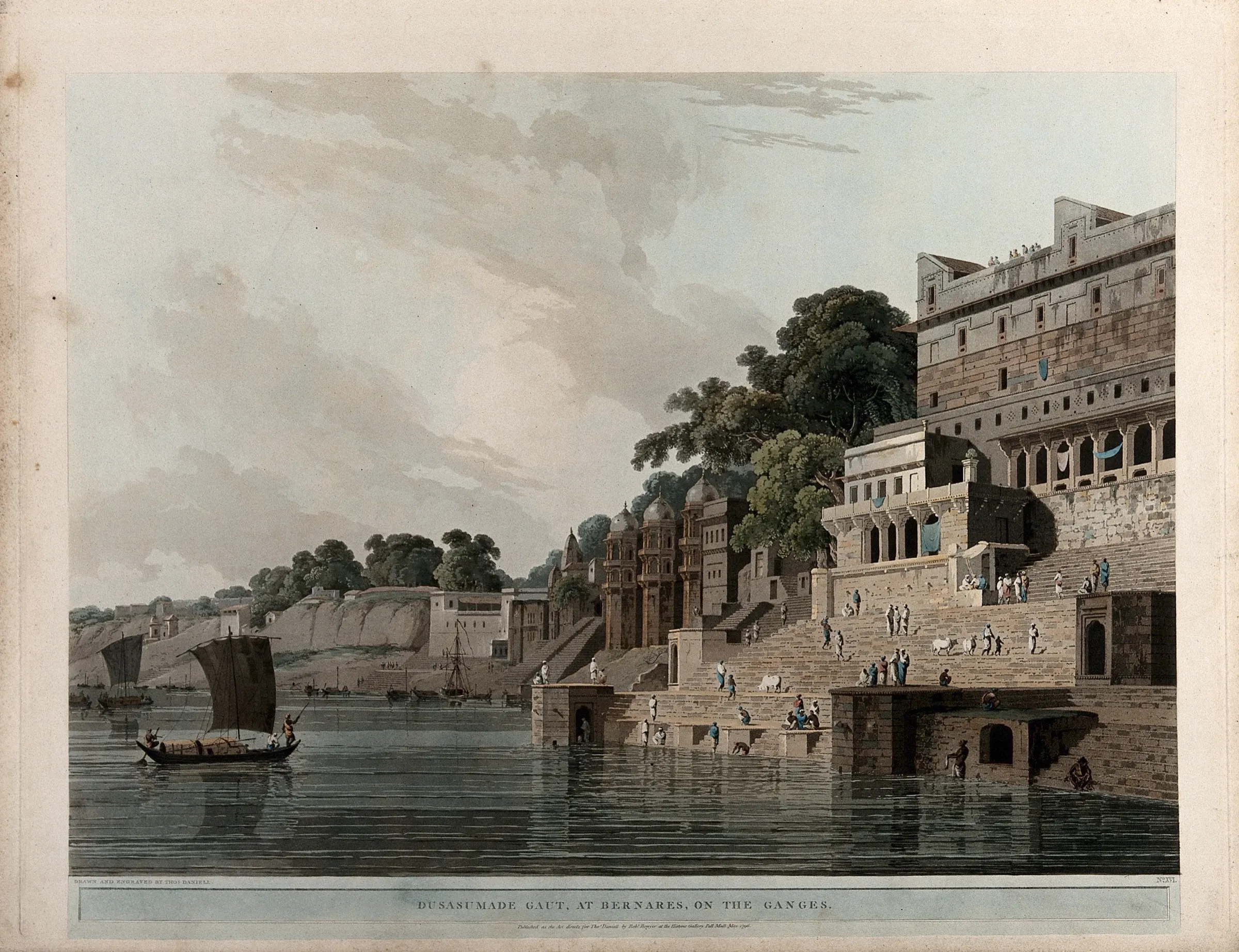 A coloured aquatint of stone steps leading down to the Ganges at Varanasi, with temples above and small figures bathing and gathered on the steps