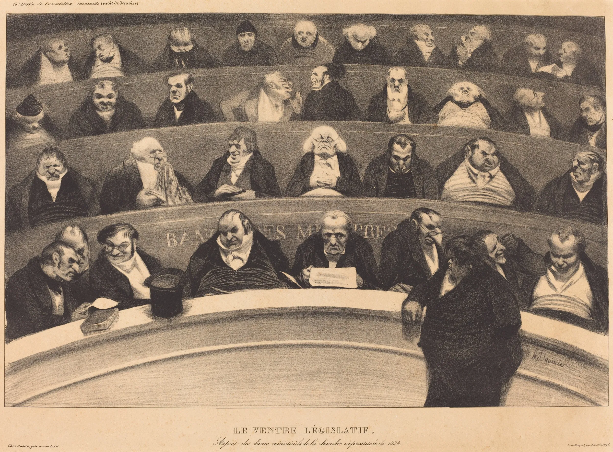 Daumier's lithograph of caricatured French deputies seated in tiers in their chamber