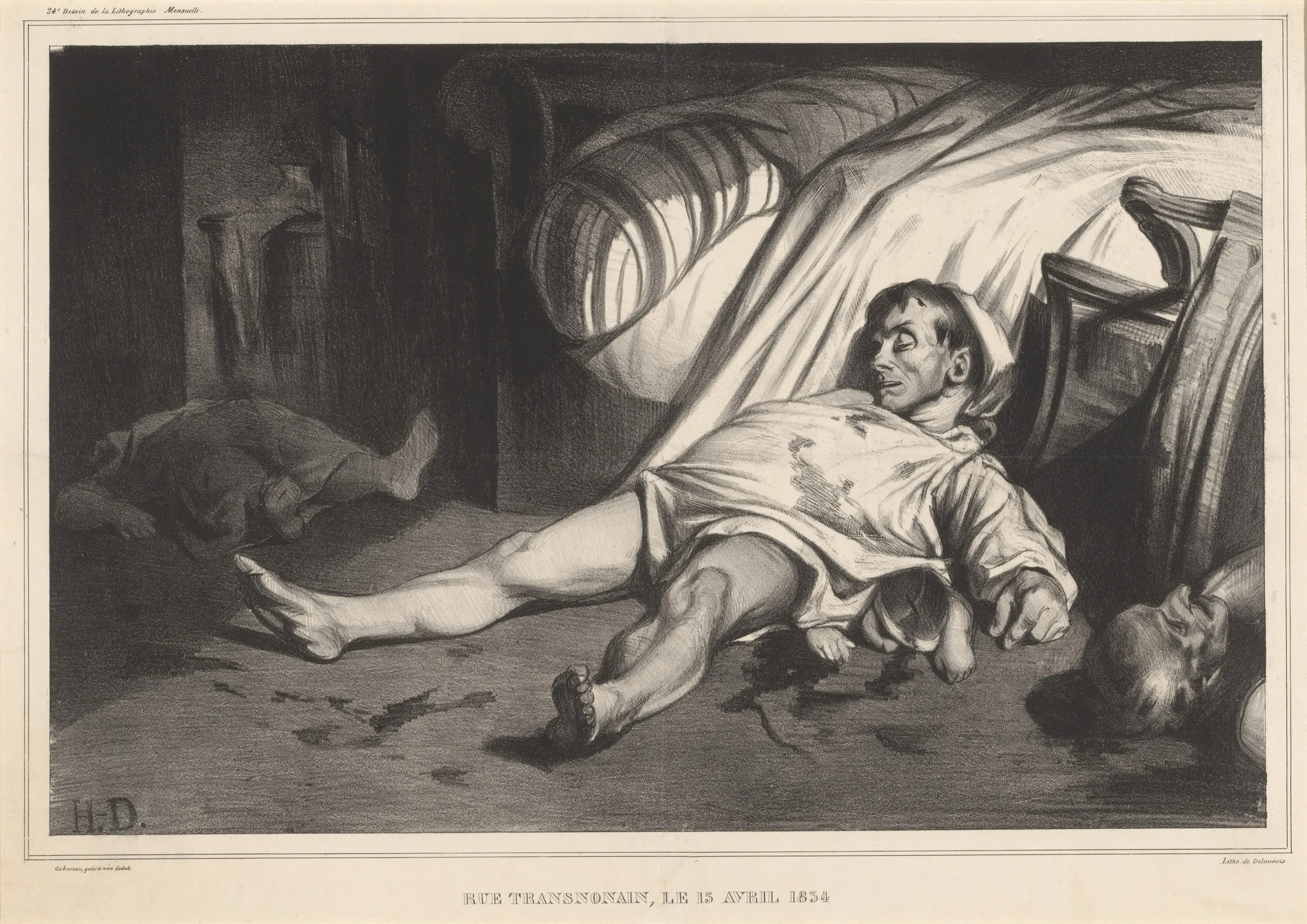 Daumier's lithograph of the bodies of a family killed in their home on the rue Transnonain, Paris, in April 1834