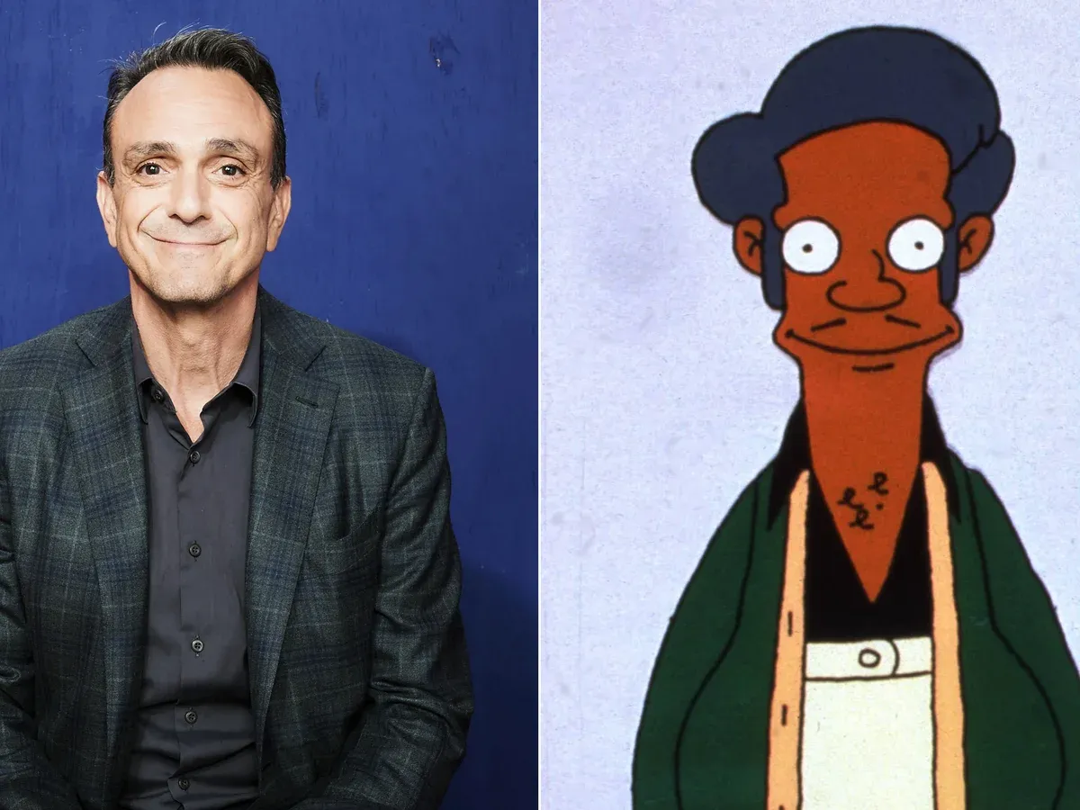 A composite image: a photograph of the actor Hank Azaria beside the cartoon character Apu Nahasapeemapetilon from The Simpsons