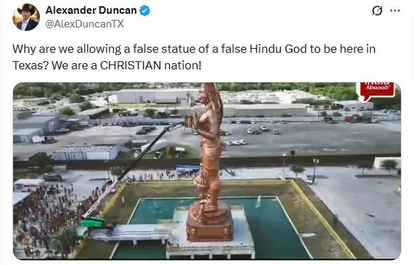 Screenshot of an X post by Alexander Duncan asking why a false statue of a false Hindu God is allowed in Texas, over drone video of a giant Hanuman statue