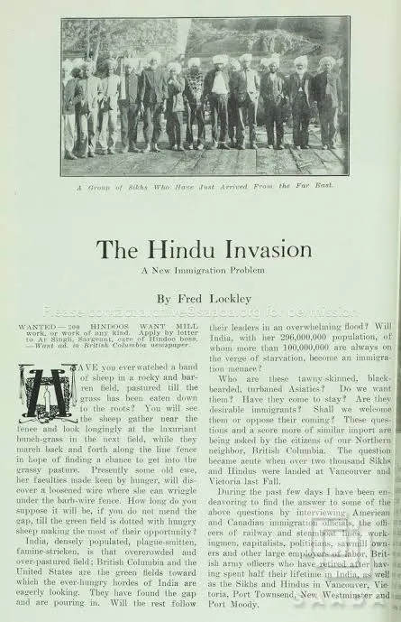 A scanned magazine page: a photograph of a group of newly arrived Sikh men above the opening of an article