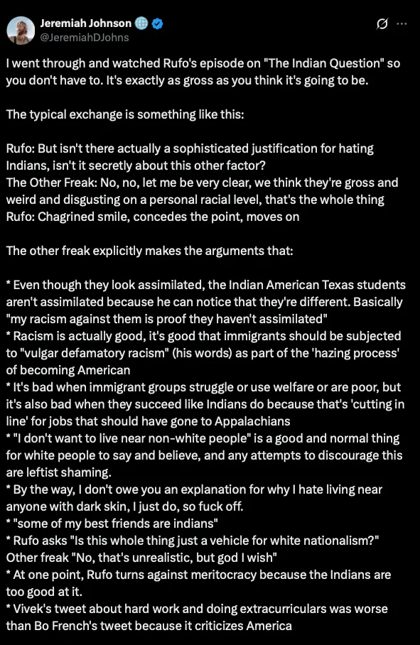 Screenshot of an X post by Jeremiah Johnson summarising the Rufo and Lomez episode in his own paraphrase