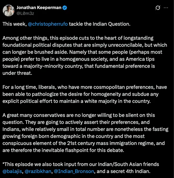 Screenshot of an X post by Jonathan Keeperman, @L0m3z, promoting the Rufo and Lomez episode on the Indian Question