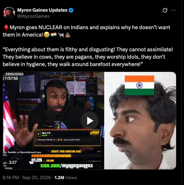 Screenshot of an X post by the fan account Myron Gaines Updates, with the caption about Indians, a quotation and a frame from a livestream showing an on-screen donation message