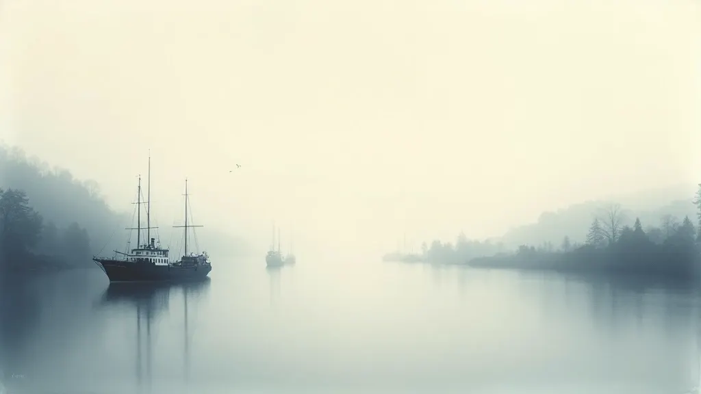 Illustration: a sailing ship in a foggy harbour