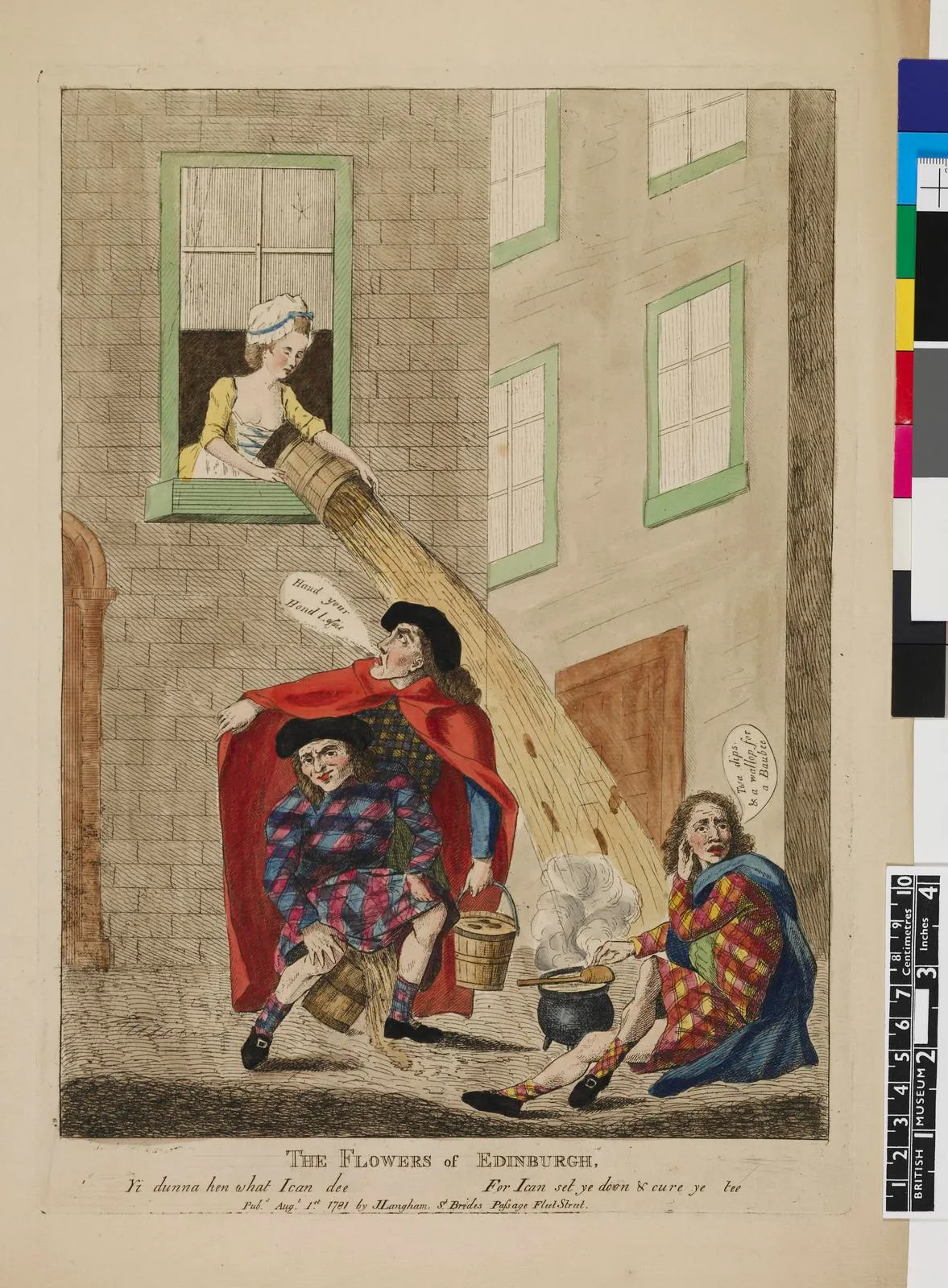 A satirical print of a narrow Edinburgh close: a man squats over a bucket shielded by a cloak, shouting up at a woman who is emptying a bucket from a first-floor window