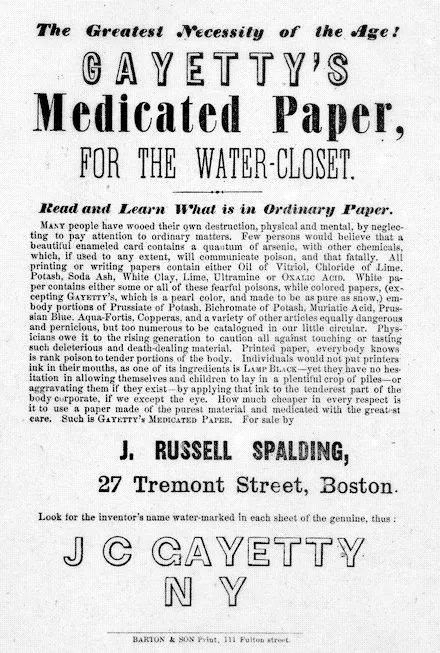 A 19th-century newspaper advertisement in dense type headed The Greatest Necessity of the Age! Gayetty's Medicated Paper for the water-closet
