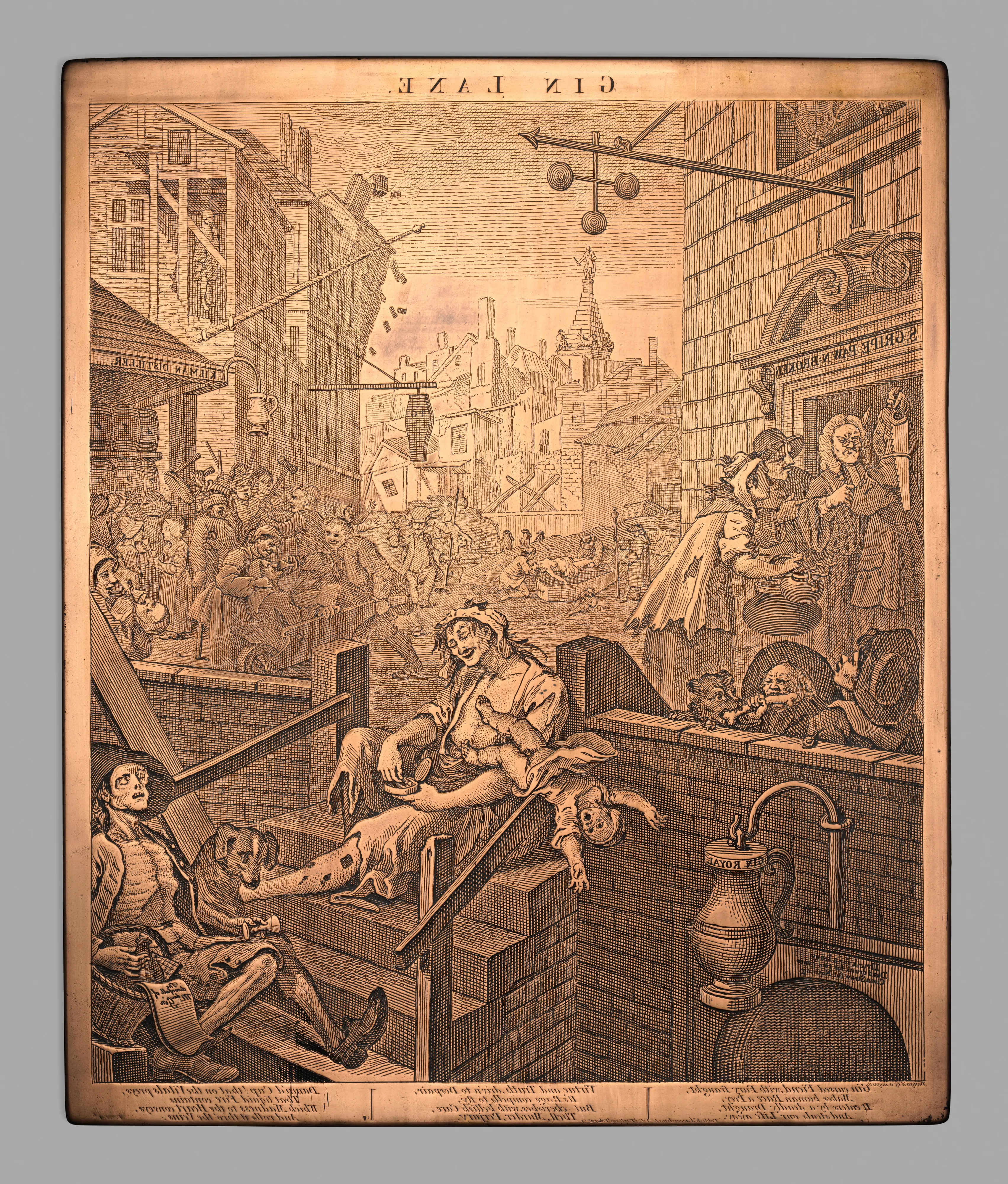 Hogarth's engraving Gin Lane: a crowded London street of ruined buildings, drinkers slumped on steps and a pawnbroker's shop doing brisk trade