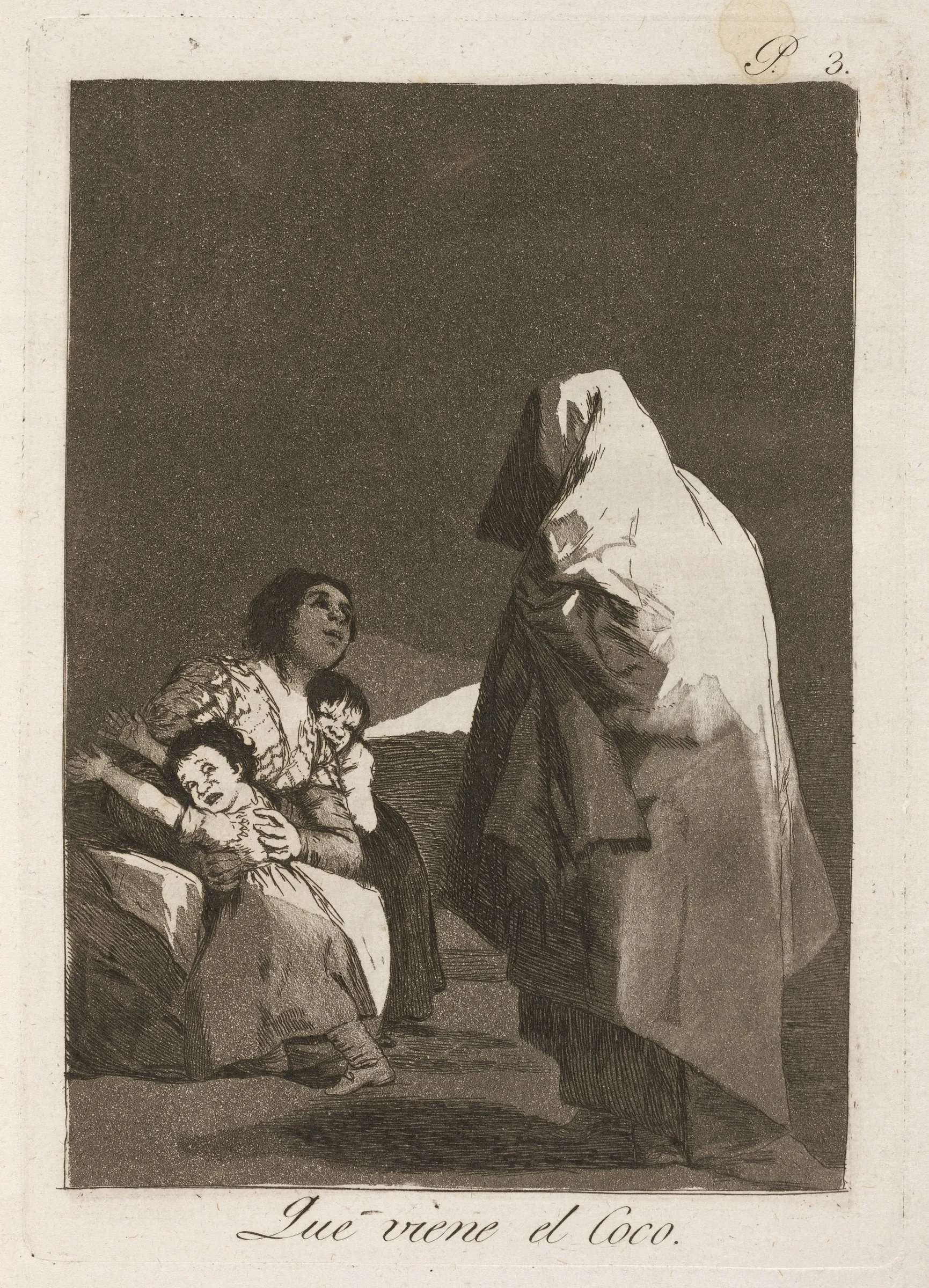 Goya's etching of a shrouded figure frightening a mother and her children