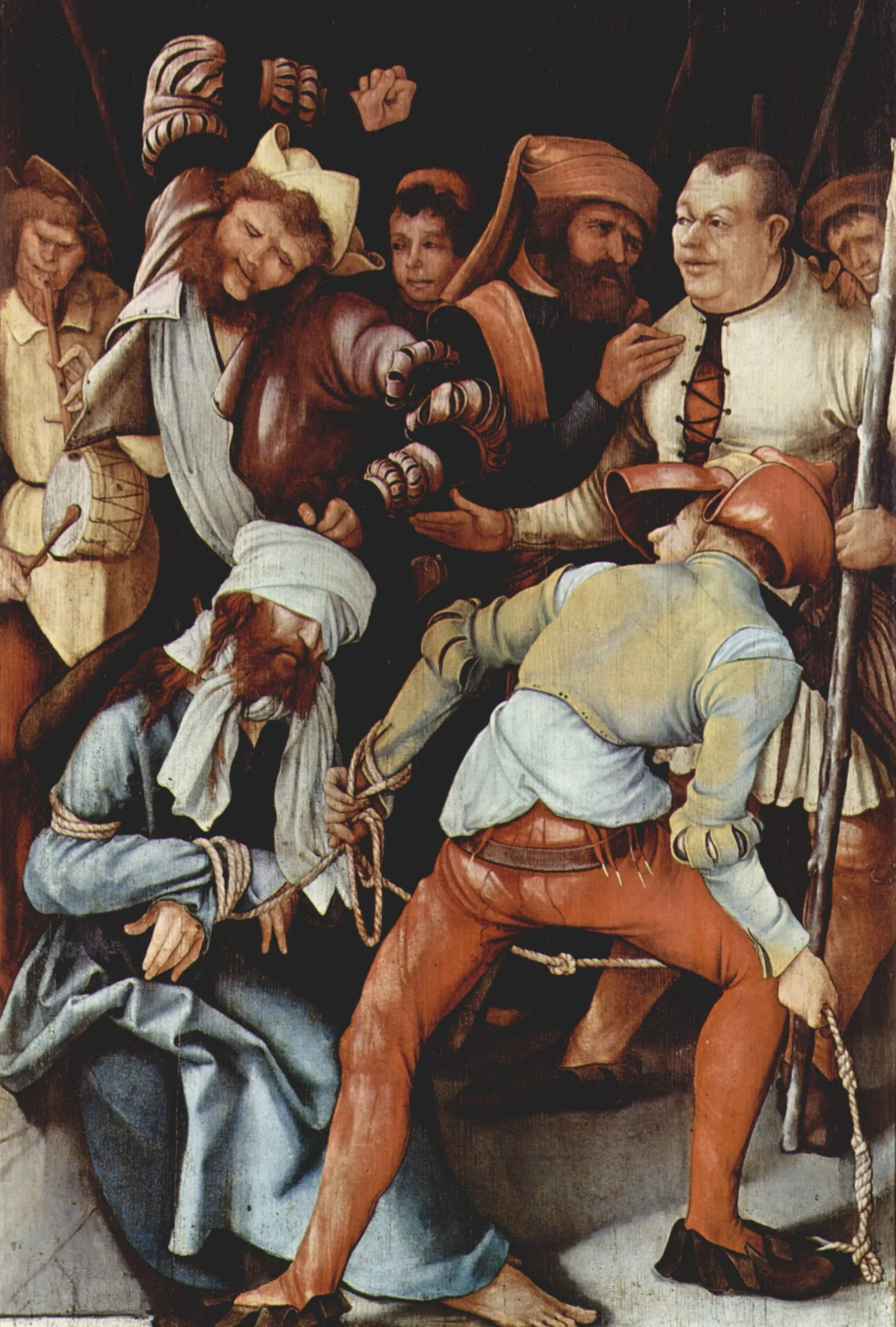 Grünewald's panel painting of the blindfolded Christ being beaten and jeered at by his tormentors