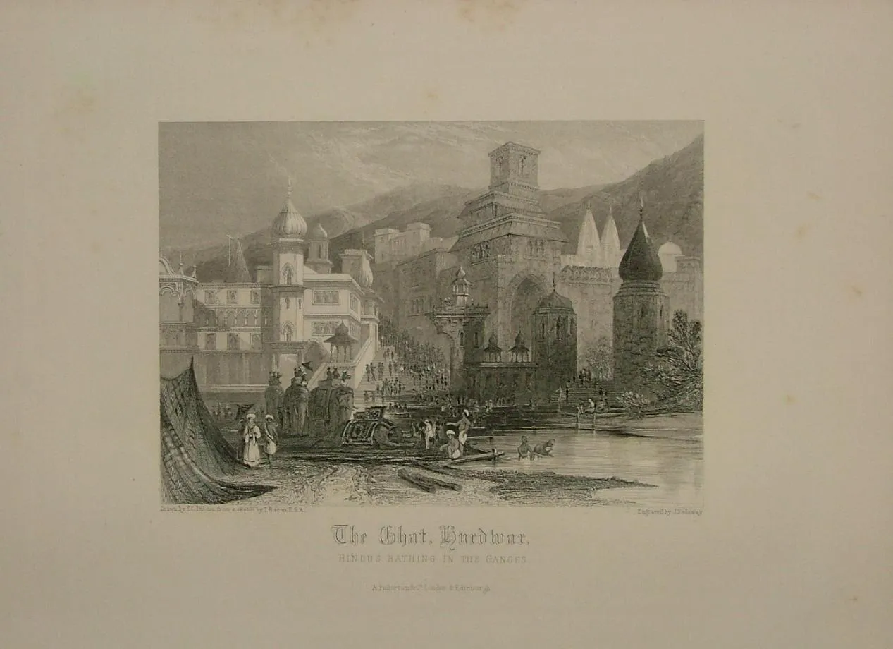A 19th-century steel engraving of crowds bathing in the Ganges at the stone steps of a ghat at Haridwar, with temples and trees behind