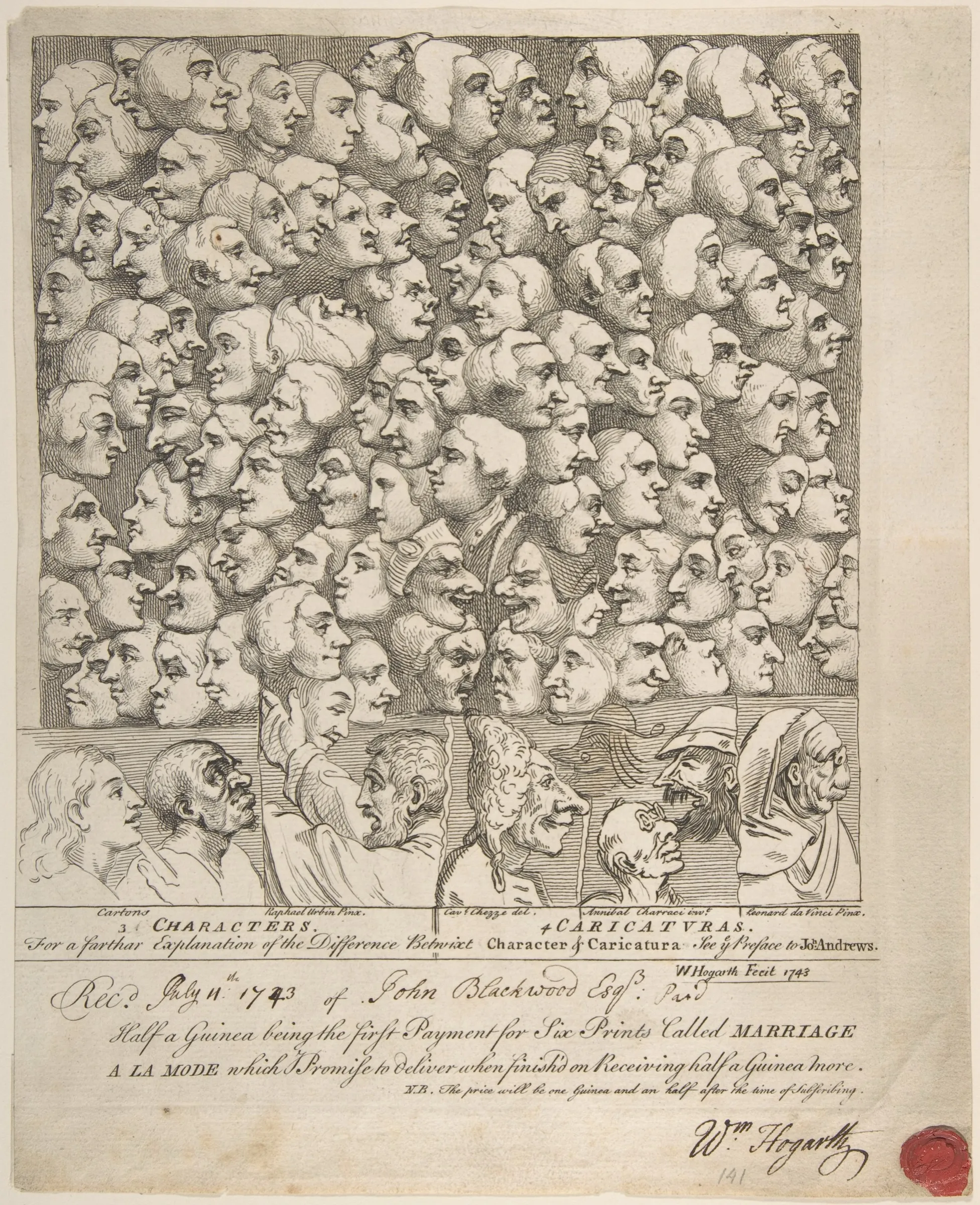 Hogarth's etching of a crowd of heads, setting character against caricature, with examples after Raphael, Carracci, Leonardo and Ghezzi