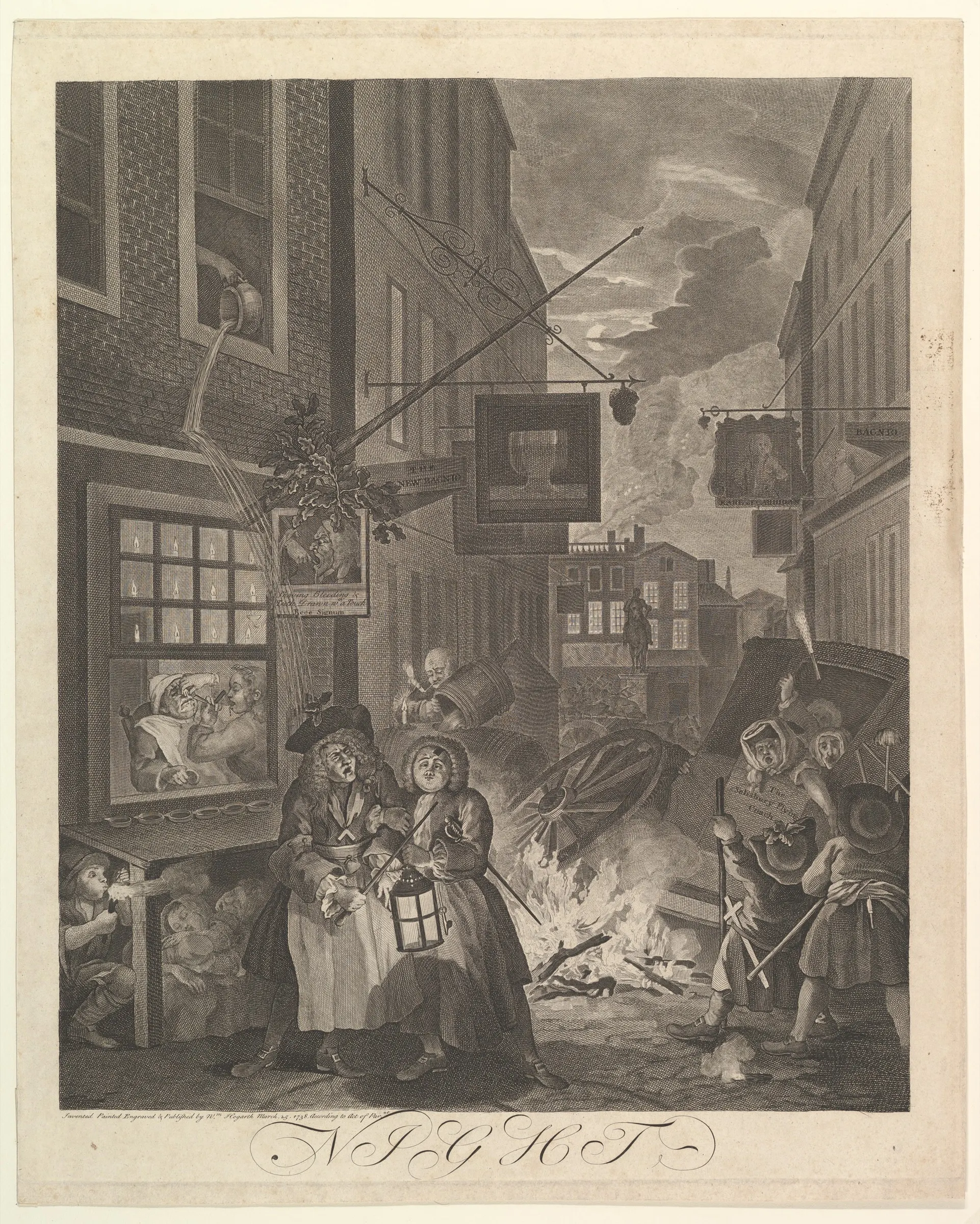 Hogarth's engraving Night: a crowded London street at night, with a drunk man in a Freemason's apron helped along by a servant while a chamber pot is emptied over him from an upper window; a bonfire and an overturned coach behind