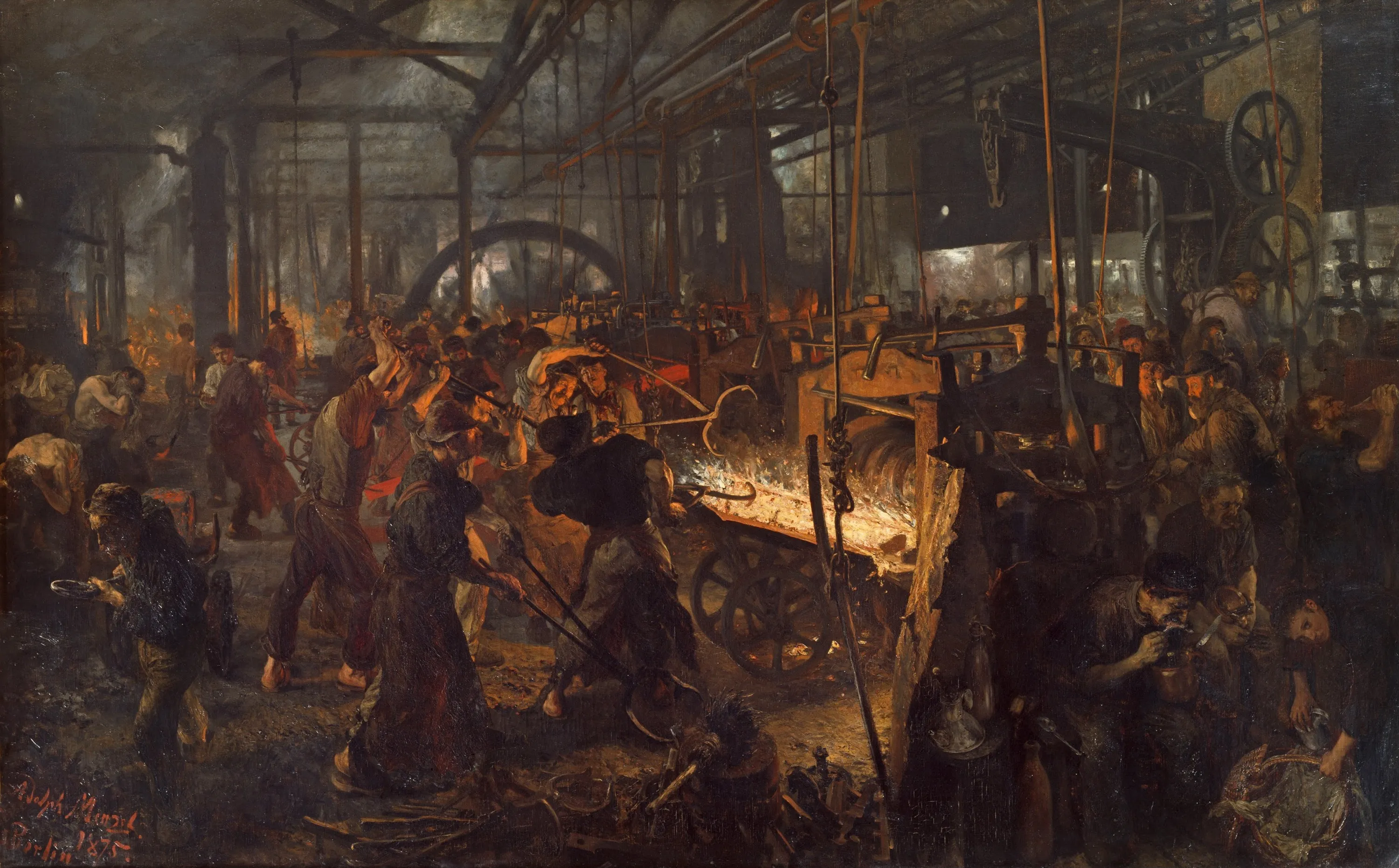 A crowded, smoky iron works, with men hauling a glowing bar of iron through rollers under the light of the furnaces