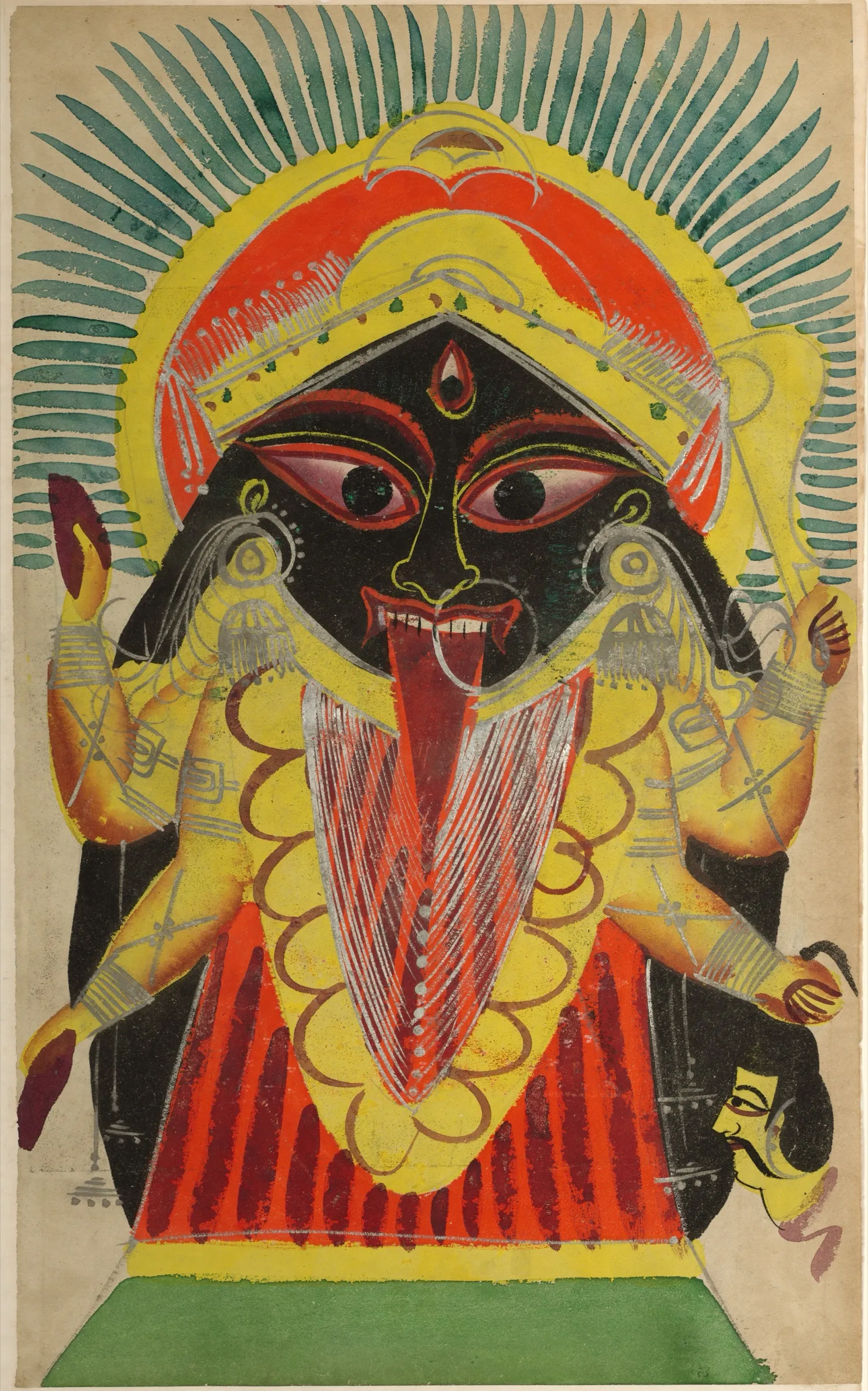 A Kalighat watercolour of the black-skinned, four-armed goddess Kali with her tongue out, holding a sword and a severed demon's head