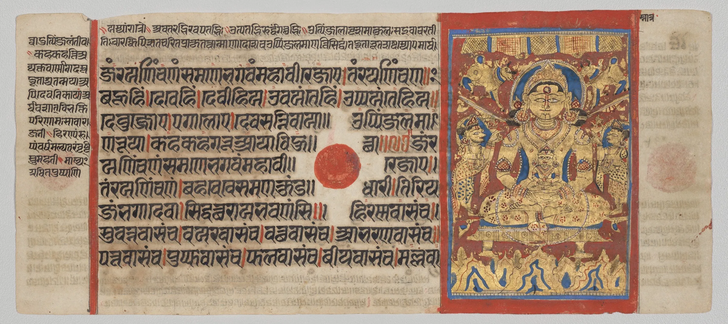 A Jain manuscript painting in red, gold and blue: the god Indra seated on a mountain holds the infant Mahavira while attendants pour water over him from vessels