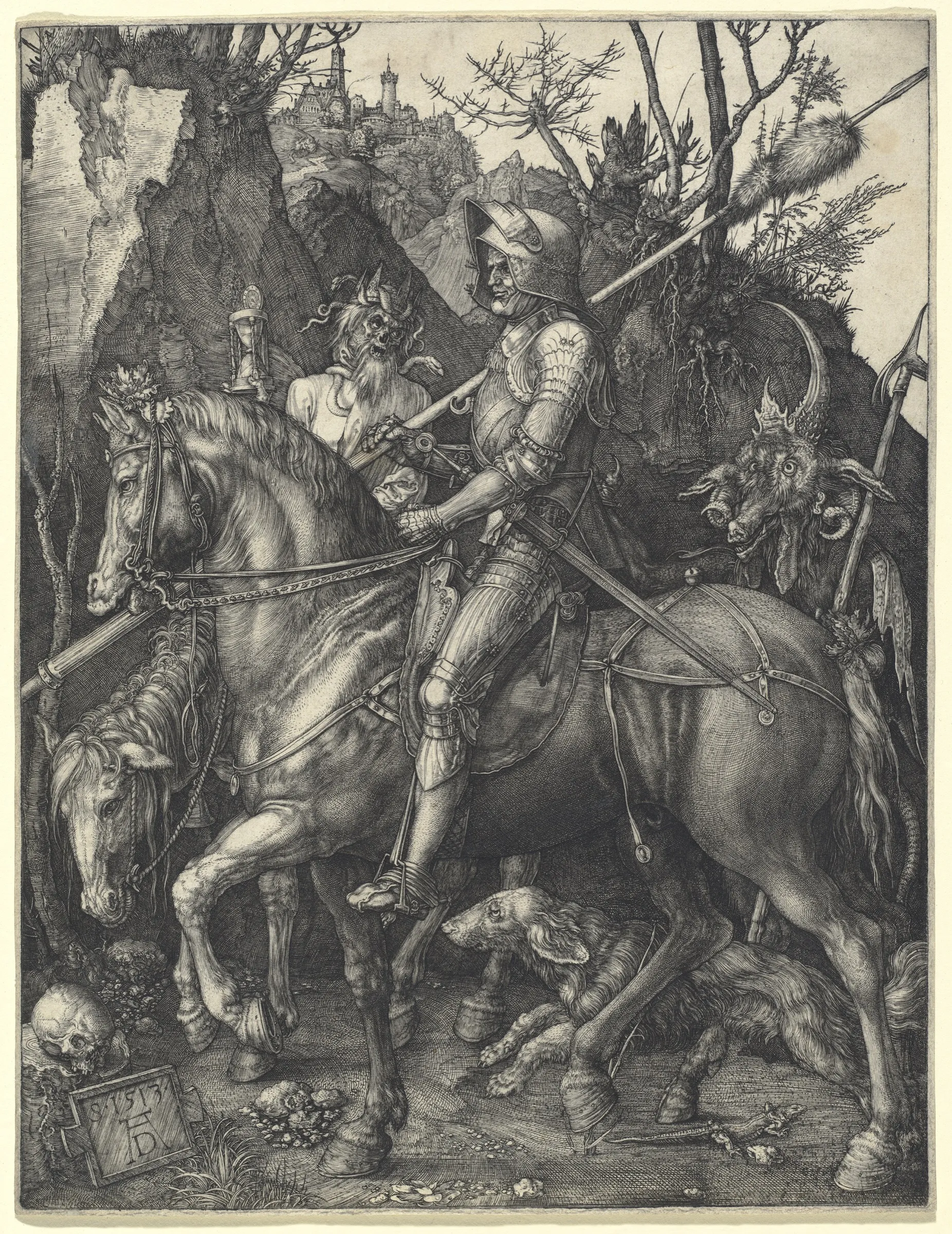 Albrecht Dürer's engraving of an armoured knight riding through rocky country, with Death on a tired horse beside him holding up an hourglass and a horned devil behind