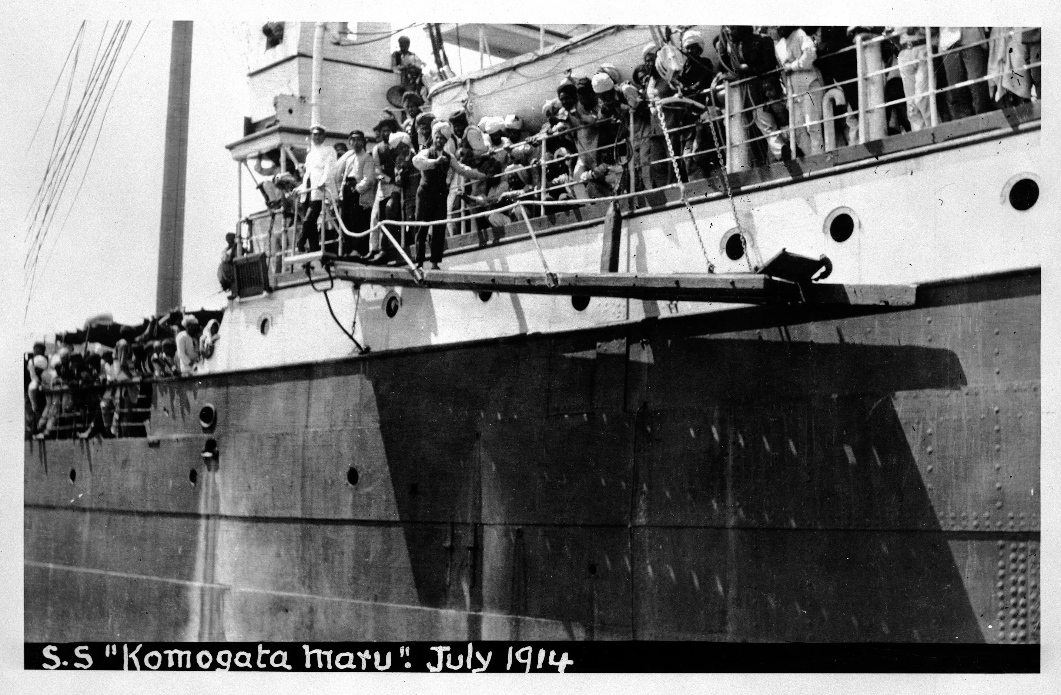 A photograph of the steamship Komagata Maru in Vancouver Harbour with passengers on its decks