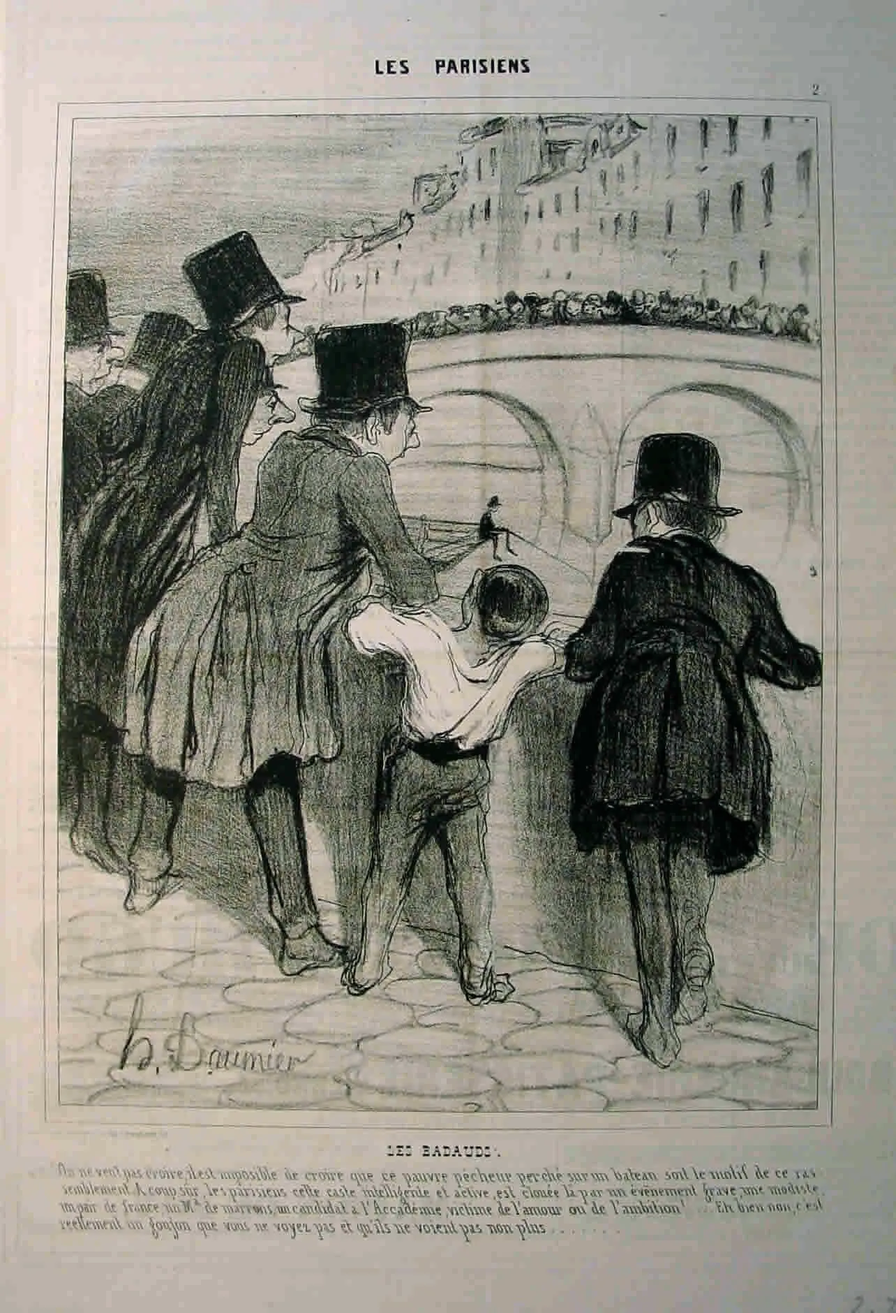 Daumier lithograph of a crowd of Parisian onlookers watching over the Seine
