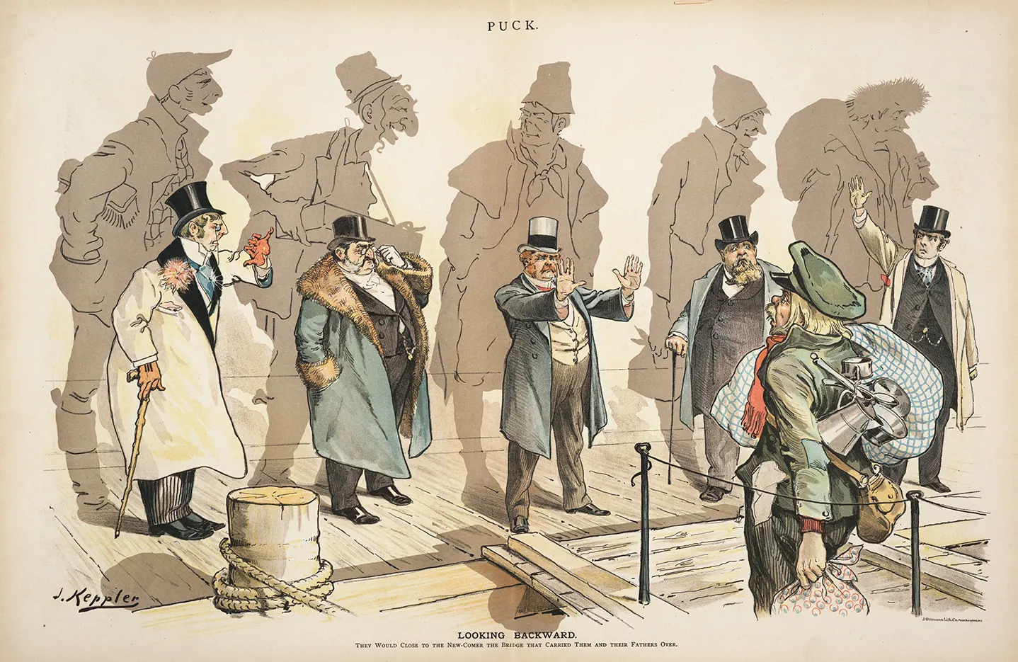 Joseph Keppler's colour cartoon from Puck: prosperous Americans turn away a newly arrived immigrant, while behind them fall the shadows of their own immigrant forebears
