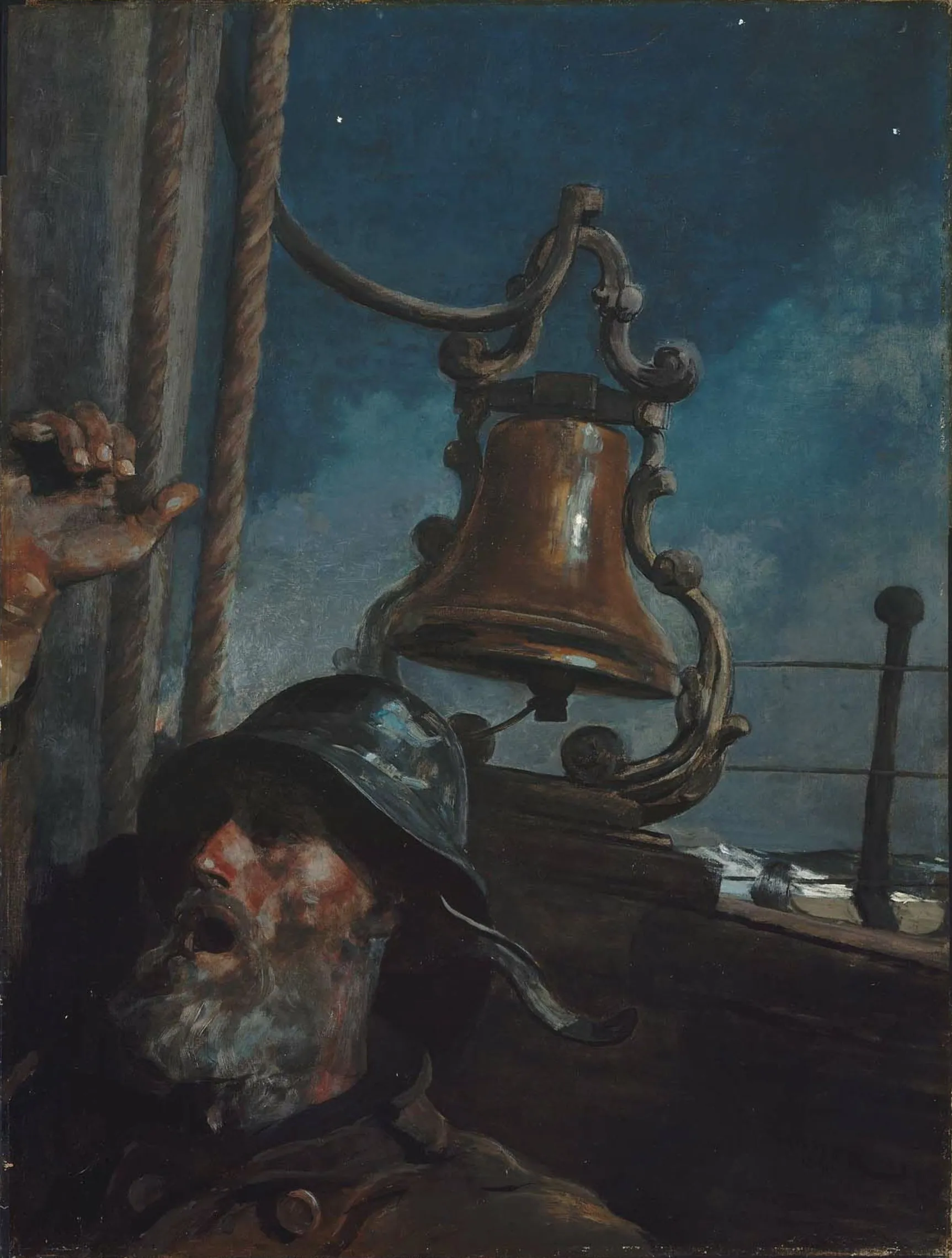 Winslow Homer's painting of a bearded sailor in oilskins at night, ringing a ship's bell, with the moon low over the rail