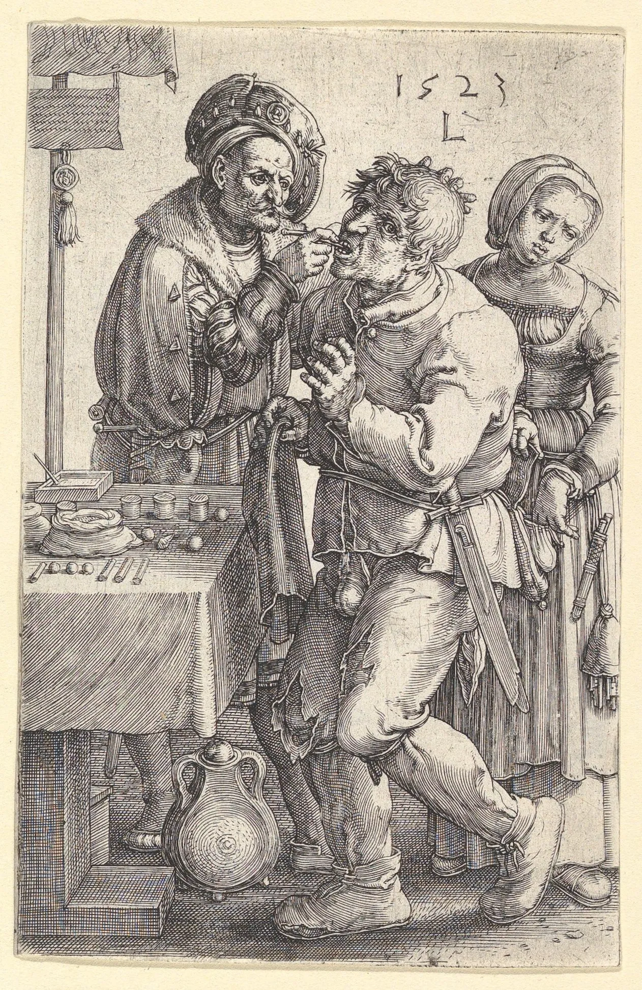 An engraving of an itinerant tooth-puller working on the mouth of a seated old man, while a woman behind the patient slips a hand into his purse