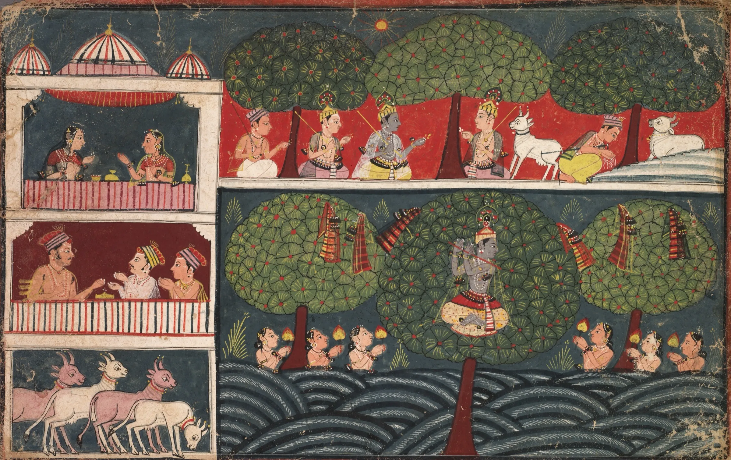 A Malwa miniature in bright colours: young women bathing in a river, while Krishna sits in a tree on the bank holding their clothes