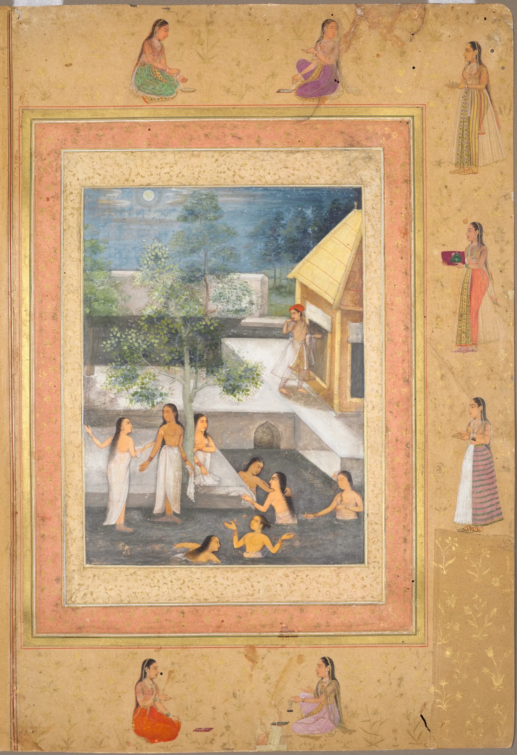 A Mughal miniature of women bathing by moonlight in a marble pool in a palace courtyard, with attendants holding lamps