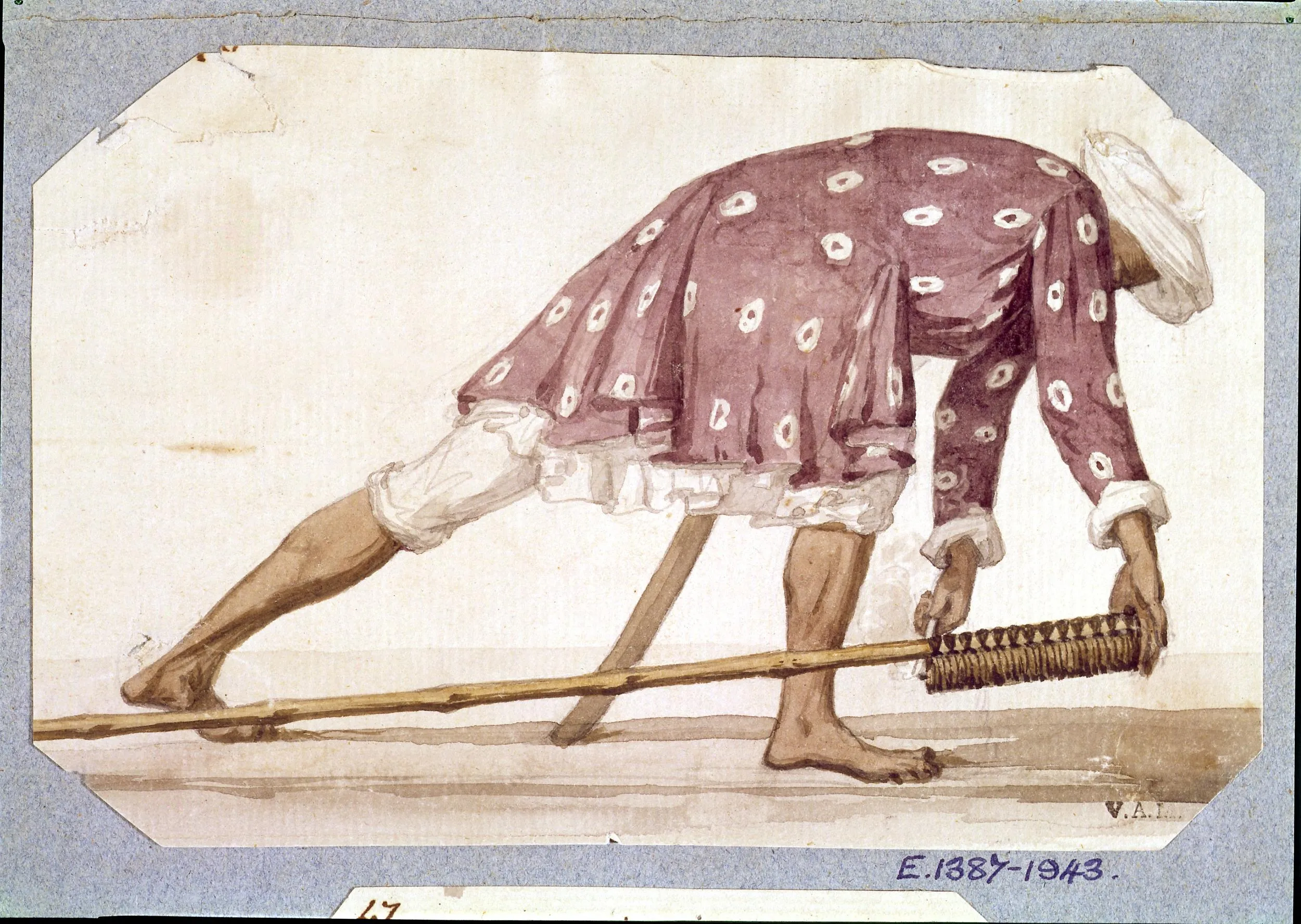 A watercolour of a soldier in a purple spotted jacket and red-and-white turban lifting a long rocket and lighting its fuse