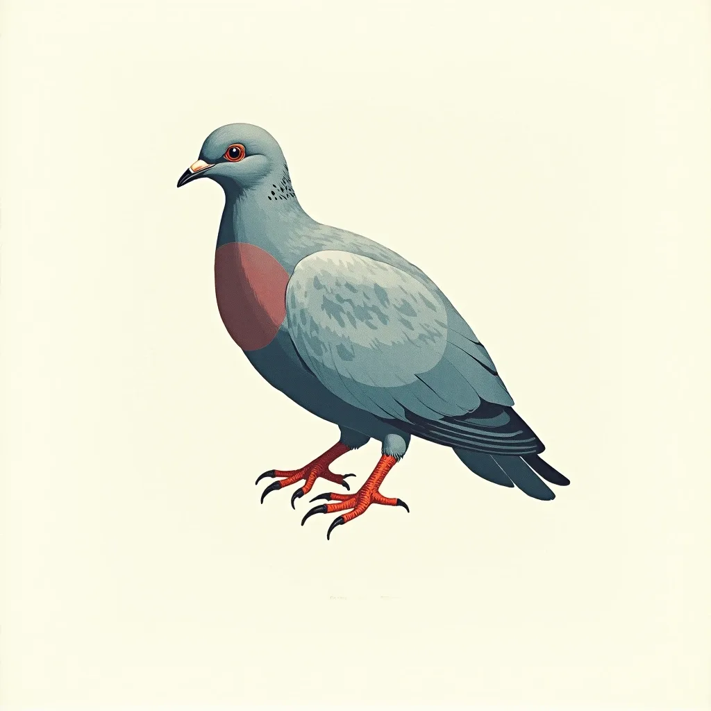 Risograph illustration of a Nicobar pigeon, iridescent grey and green, standing in profile