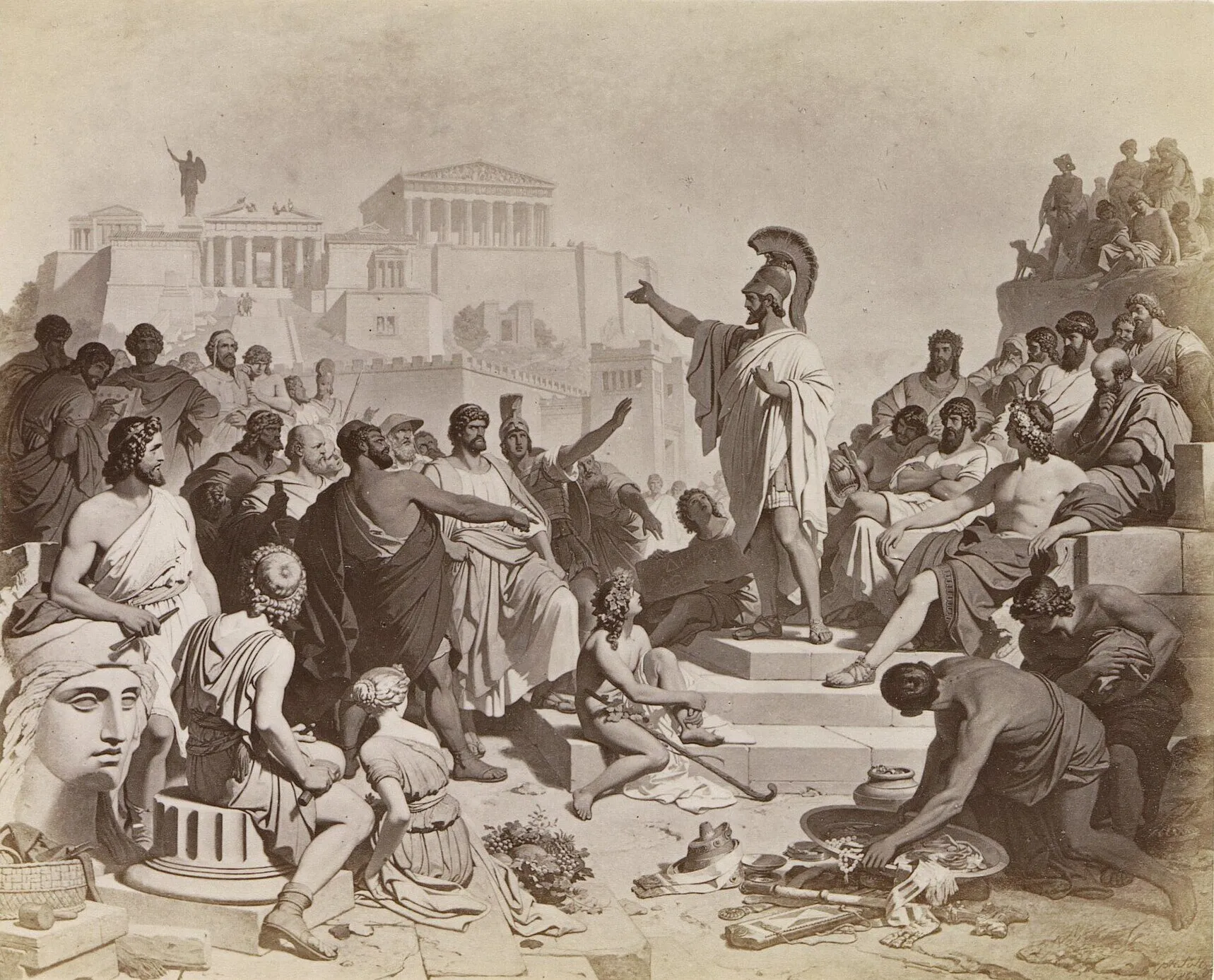 A monochrome nineteenth-century photograph of a painting: Pericles stands on a platform speaking to a crowd of Athenians beneath the Acropolis