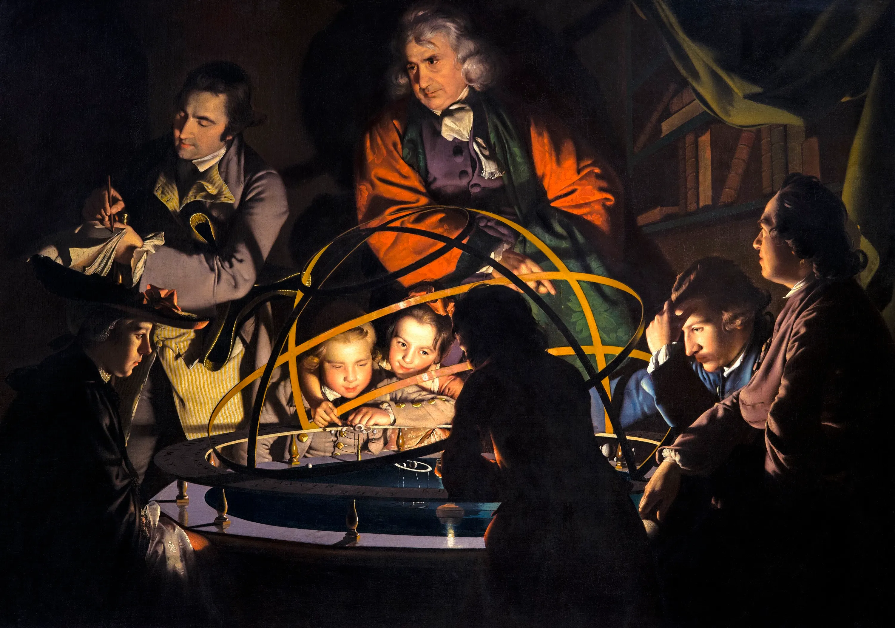 A candlelit painting of a lecturer and a small audience gathered round a brass model of the solar system, a lamp at its centre lighting their faces