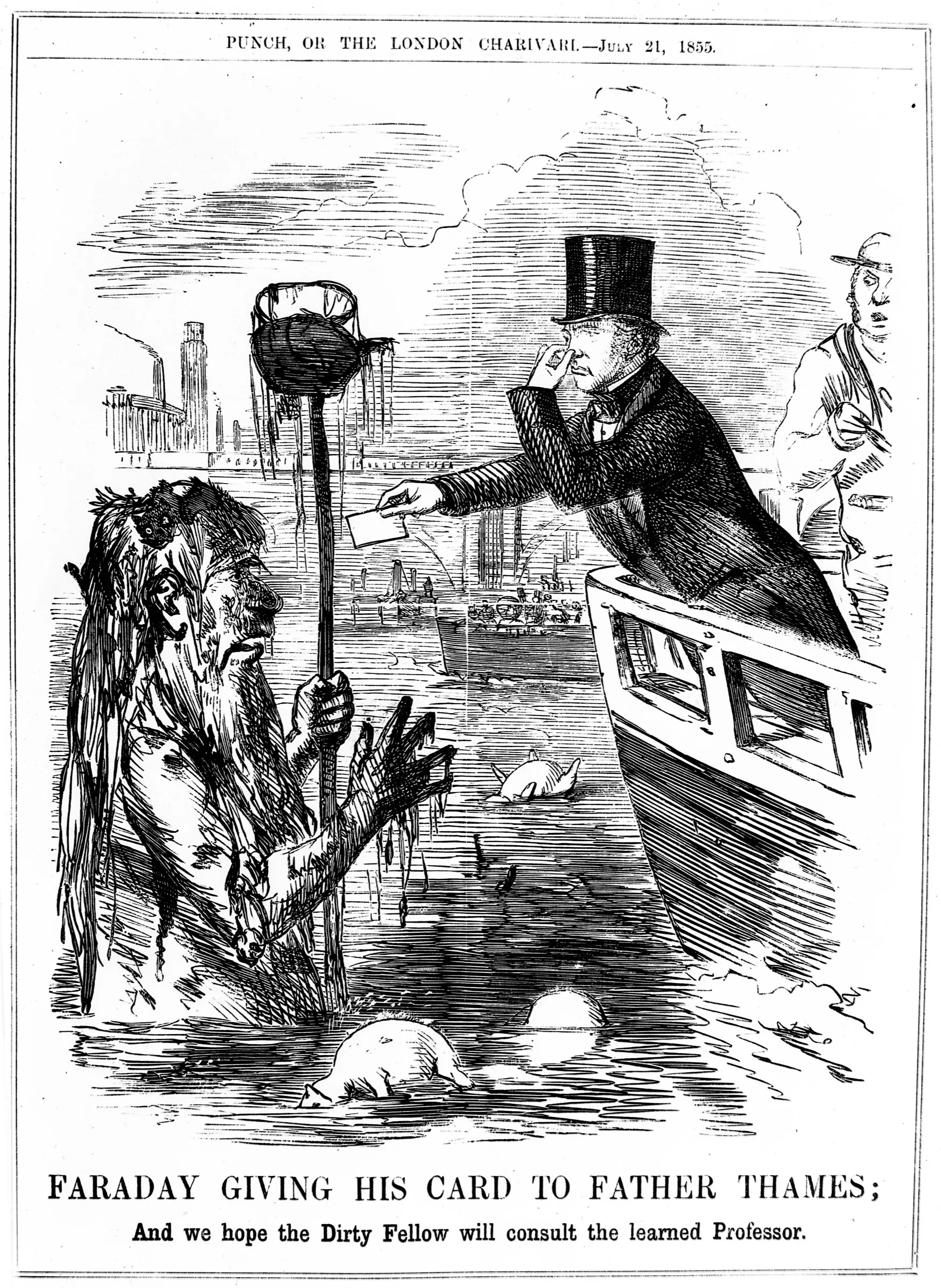A Punch cartoon: Michael Faraday, standing in a boat on the Thames, holds out his card to the ragged, dirty figure of Father Thames rising out of the water amid floating filth
