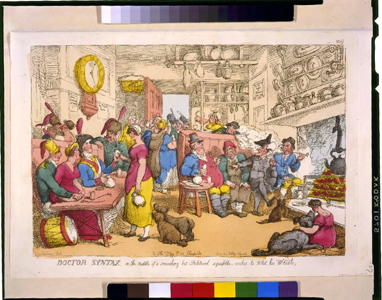 Hand-coloured etching of a crowded country inn, drinkers in heated argument around a table while a clergyman in a black coat raises his glass