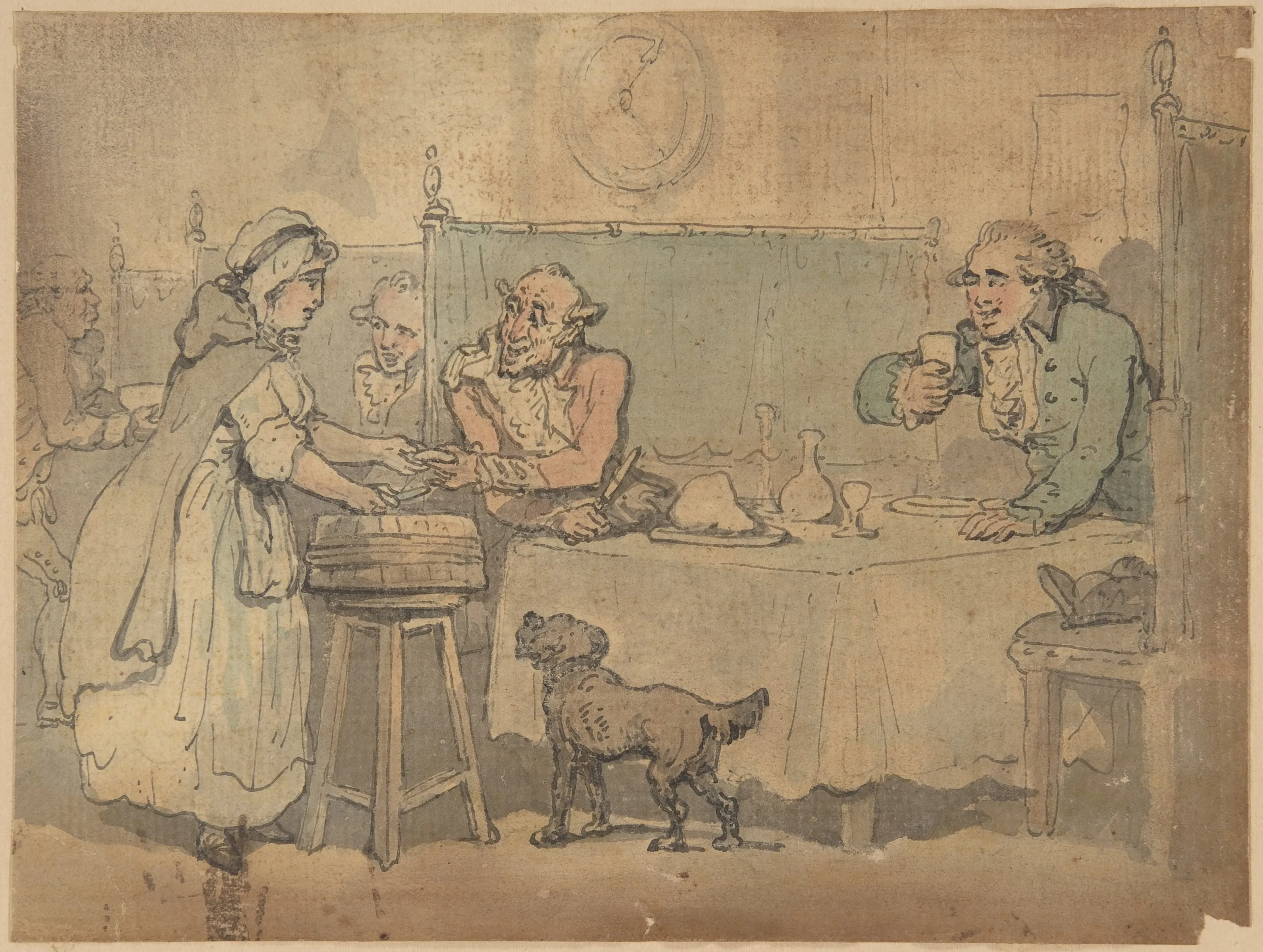 Pen and wash drawing of a crowded tavern interior, drinkers seated at tables and benches