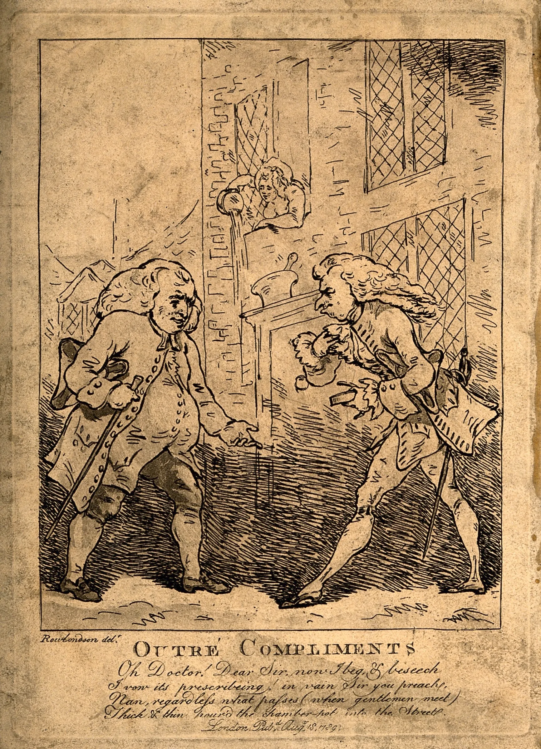 A coloured print of a street scene: a doctor in a wig meets a patient in the street while, above, a woman leans from a window and empties a chamber pot into the street